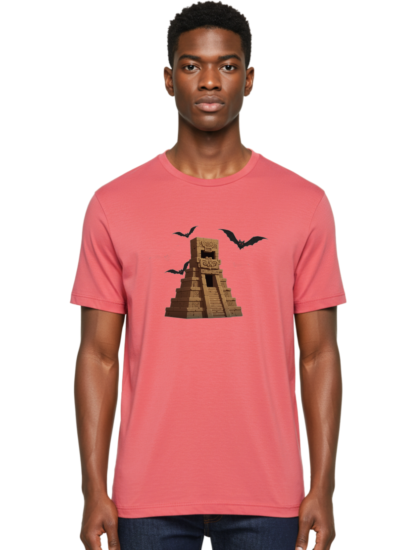 Mayan-Temple Men'S Graphic Tee, 100% Cotton, Comfortable Casual Summer Wear, Machine Washable, Mayan Temple, Ancient Architecture, Mystical Bats, Mysterious Structure, Intricate Carvings, Stairs To The Unknown, Mysterious Eyes, Bad310