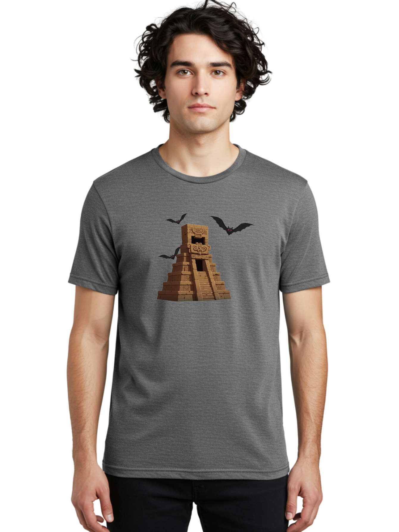 Mayan-Temple Men'S Graphic Tee, 100% Cotton, Comfortable Casual Summer Wear, Machine Washable, Mayan Temple, Ancient Architecture, Mystical Bats, Mysterious Structure, Intricate Carvings, Stairs To The Unknown, Mysterious Eyes, Bad310