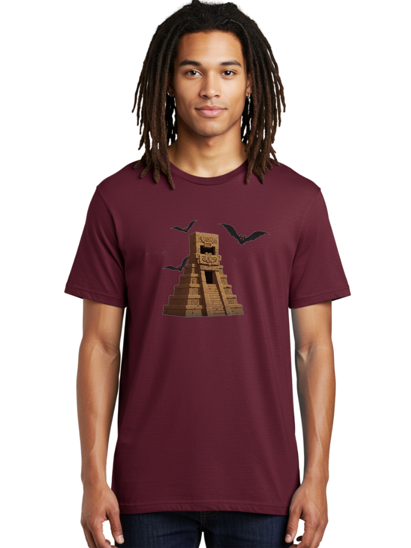 Mayan-Temple Men'S Graphic Tee, 100% Cotton, Comfortable Casual Summer Wear, Machine Washable, Mayan Temple, Ancient Architecture, Mystical Bats, Mysterious Structure, Intricate Carvings, Stairs To The Unknown, Mysterious Eyes, Bad310
