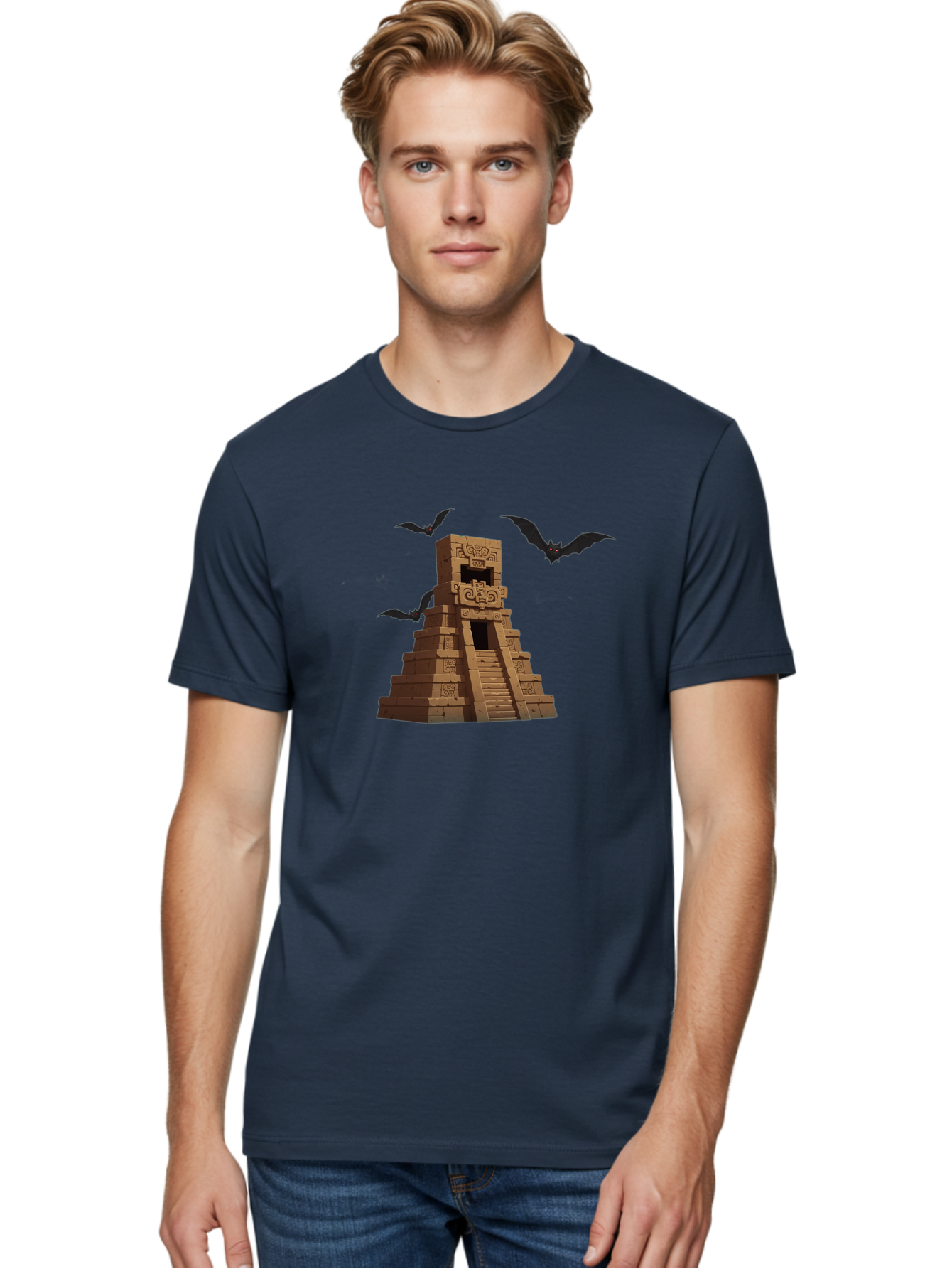 Mayan-Temple Men'S Graphic Tee, 100% Cotton, Comfortable Casual Summer Wear, Machine Washable, Mayan Temple, Ancient Architecture, Mystical Bats, Mysterious Structure, Intricate Carvings, Stairs To The Unknown, Mysterious Eyes, Bad310