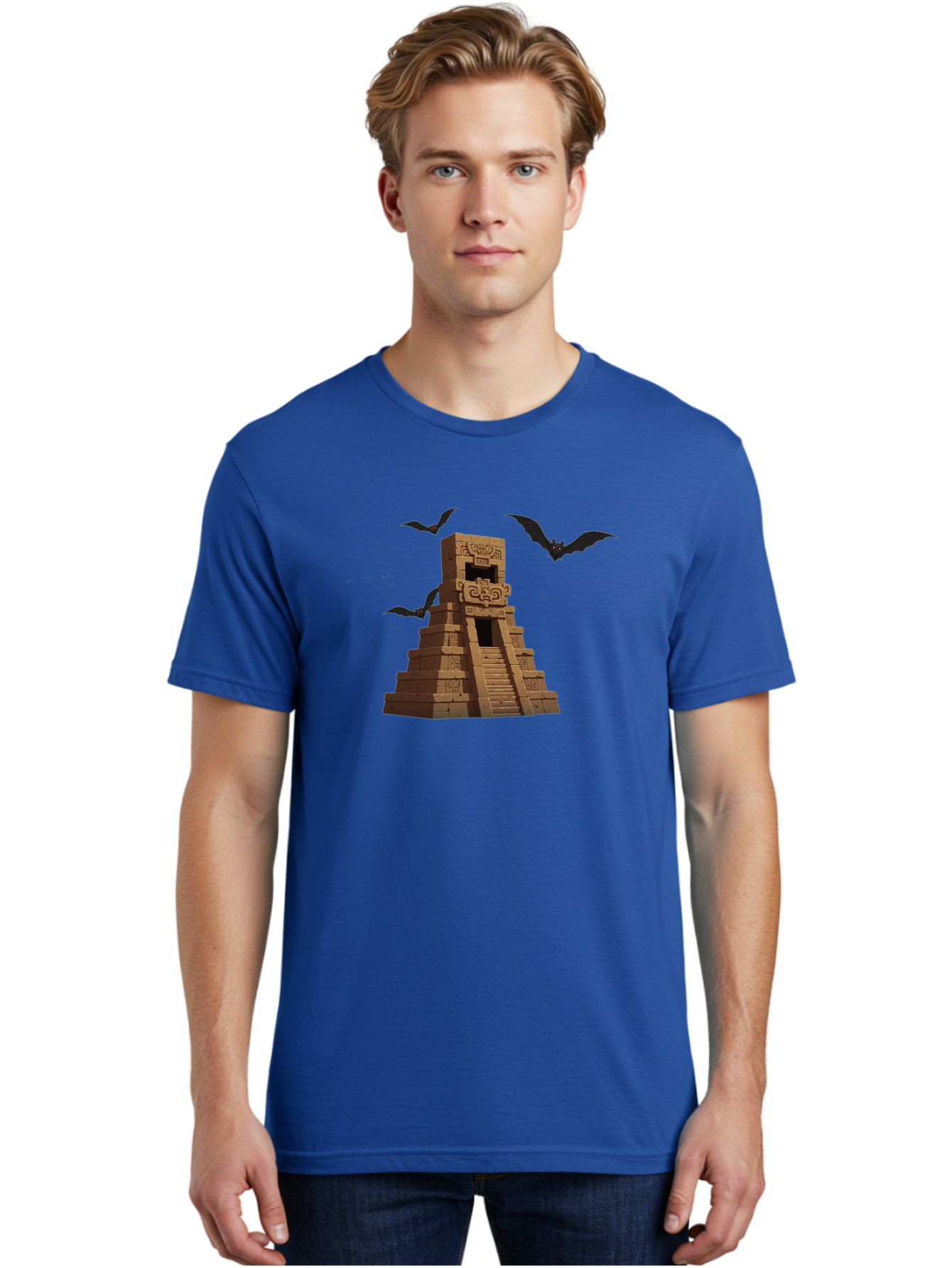 Mayan-Temple Men'S Graphic Tee, 100% Cotton, Comfortable Casual Summer Wear, Machine Washable, Mayan Temple, Ancient Architecture, Mystical Bats, Mysterious Structure, Intricate Carvings, Stairs To The Unknown, Mysterious Eyes, Bad310