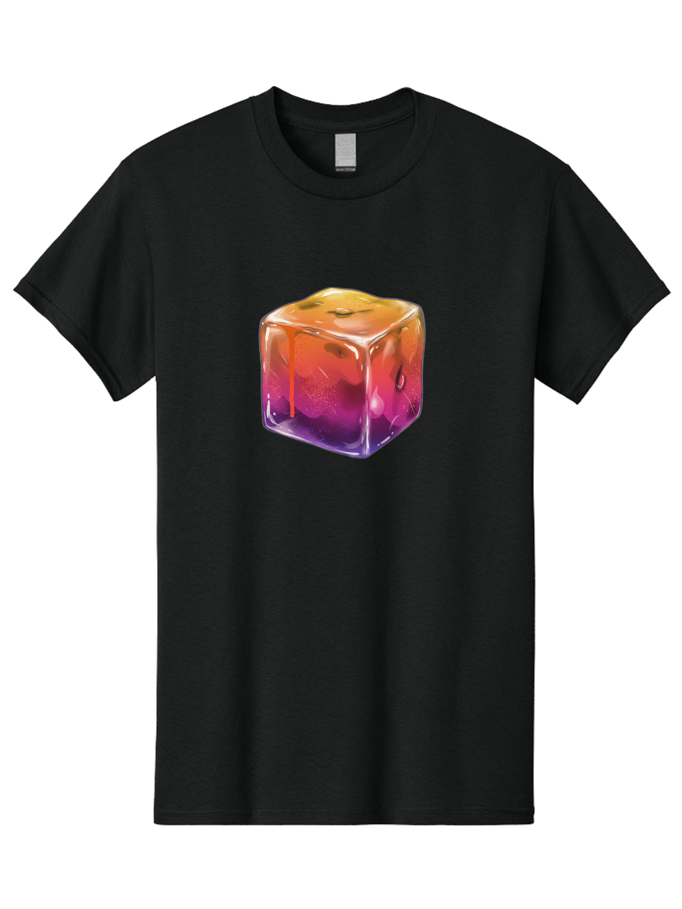 Melting-Ice-Cube Men'S Graphic Tee, 100% Cotton, Comfortable Casual Summer Wear, Machine Washable, Melting Ice Cube, Orange To Purple Gradient, Water Droplets, Melting Effect, Cool Design, Vibrant Colors, Refreshing Feel, Digital Art, Bad311