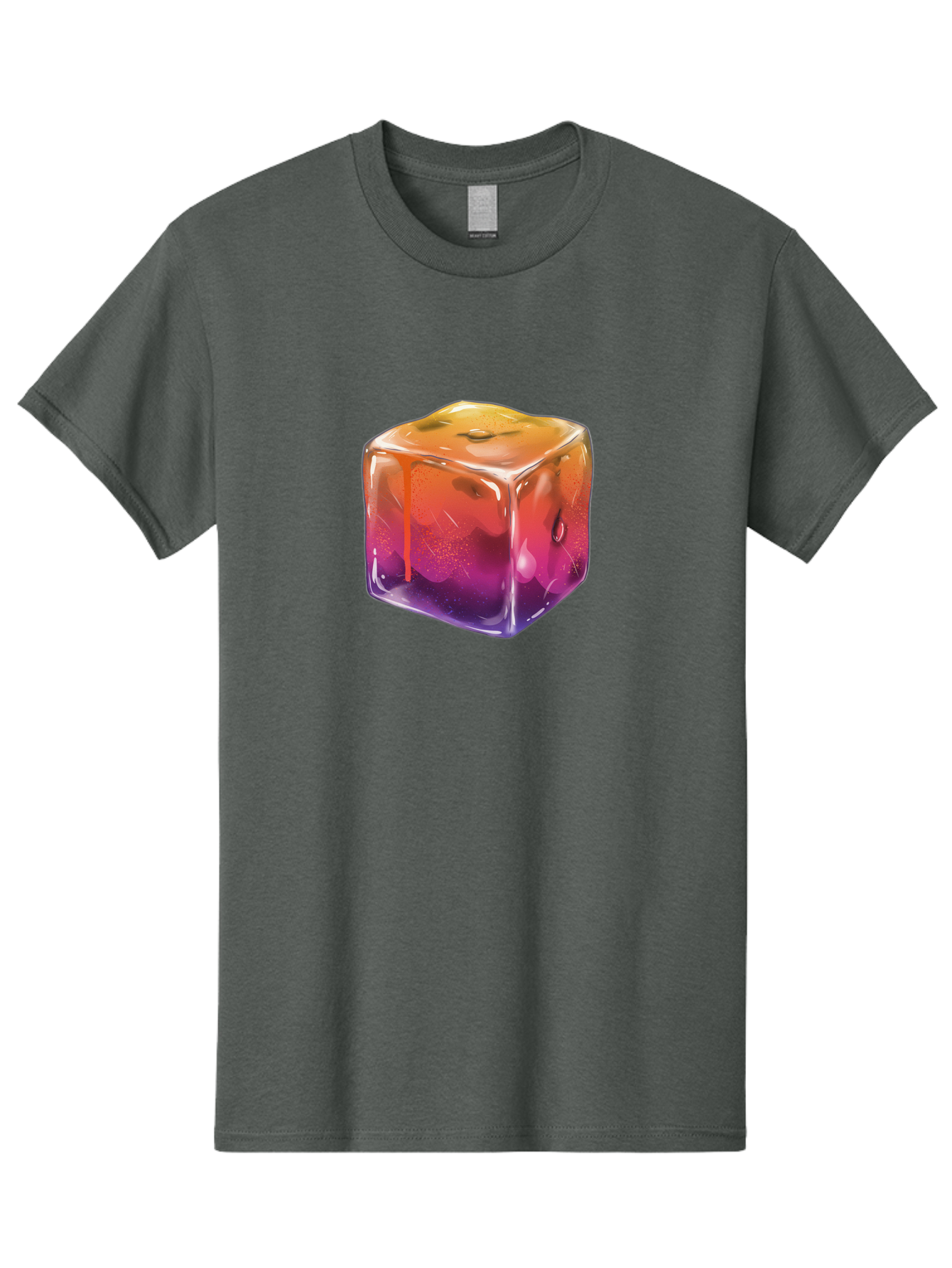 Melting-Ice-Cube Men'S Graphic Tee, 100% Cotton, Comfortable Casual Summer Wear, Machine Washable, Melting Ice Cube, Orange To Purple Gradient, Water Droplets, Melting Effect, Cool Design, Vibrant Colors, Refreshing Feel, Digital Art, Bad311