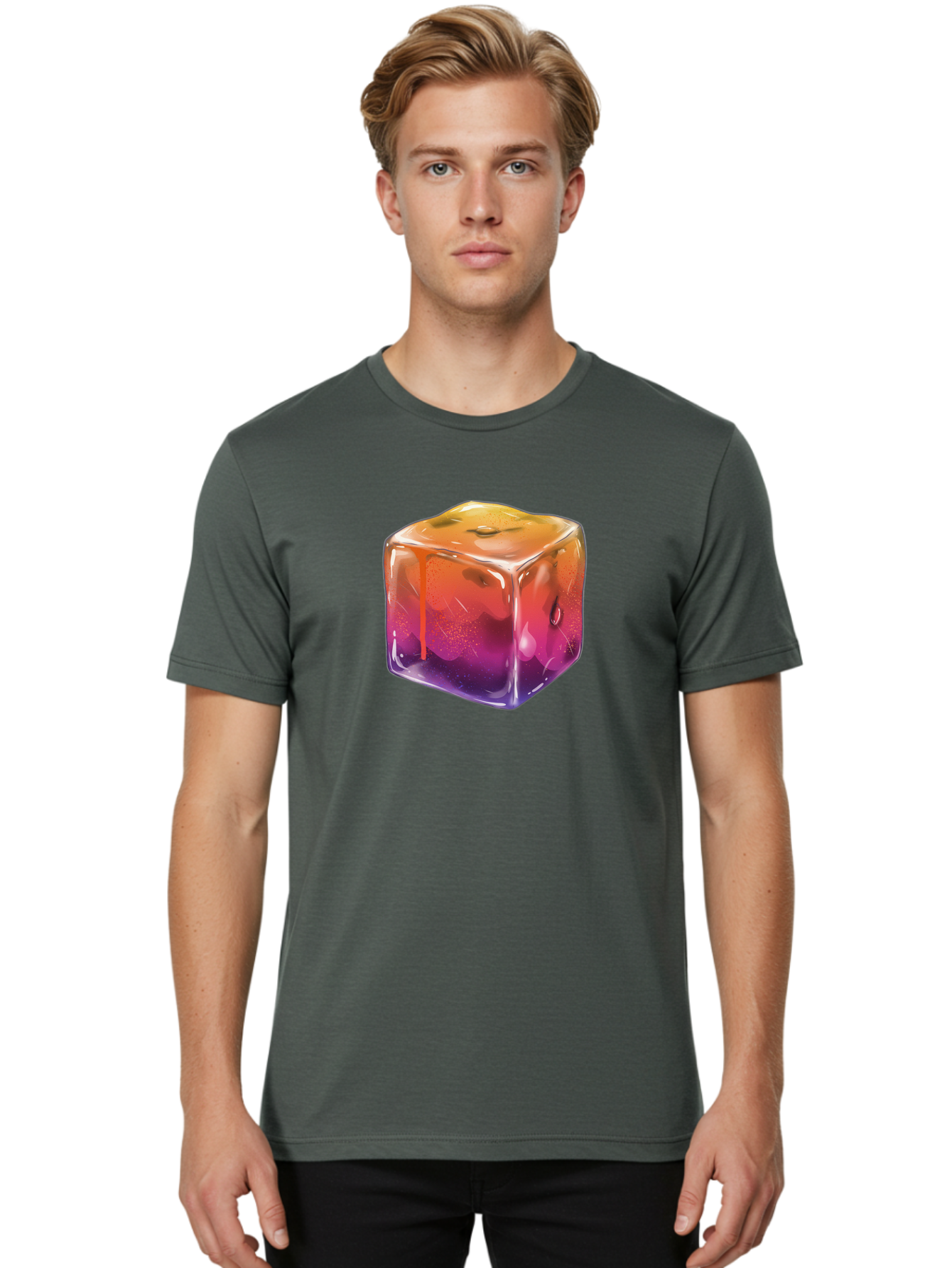 Melting-Ice-Cube Men'S Graphic Tee, 100% Cotton, Comfortable Casual Summer Wear, Machine Washable, Melting Ice Cube, Orange To Purple Gradient, Water Droplets, Melting Effect, Cool Design, Vibrant Colors, Refreshing Feel, Digital Art, Bad311
