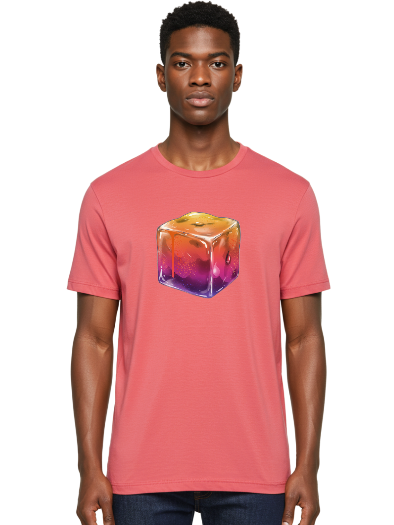 Melting-Ice-Cube Men'S Graphic Tee, 100% Cotton, Comfortable Casual Summer Wear, Machine Washable, Melting Ice Cube, Orange To Purple Gradient, Water Droplets, Melting Effect, Cool Design, Vibrant Colors, Refreshing Feel, Digital Art, Bad311