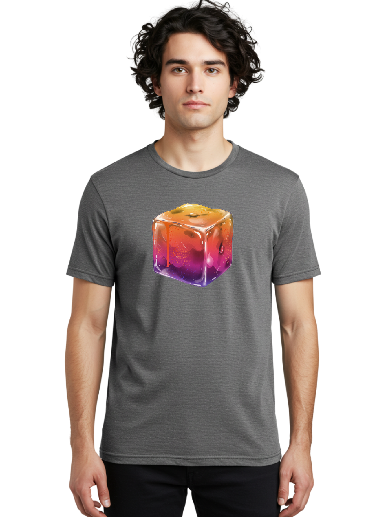 Melting-Ice-Cube Men'S Graphic Tee, 100% Cotton, Comfortable Casual Summer Wear, Machine Washable, Melting Ice Cube, Orange To Purple Gradient, Water Droplets, Melting Effect, Cool Design, Vibrant Colors, Refreshing Feel, Digital Art, Bad311