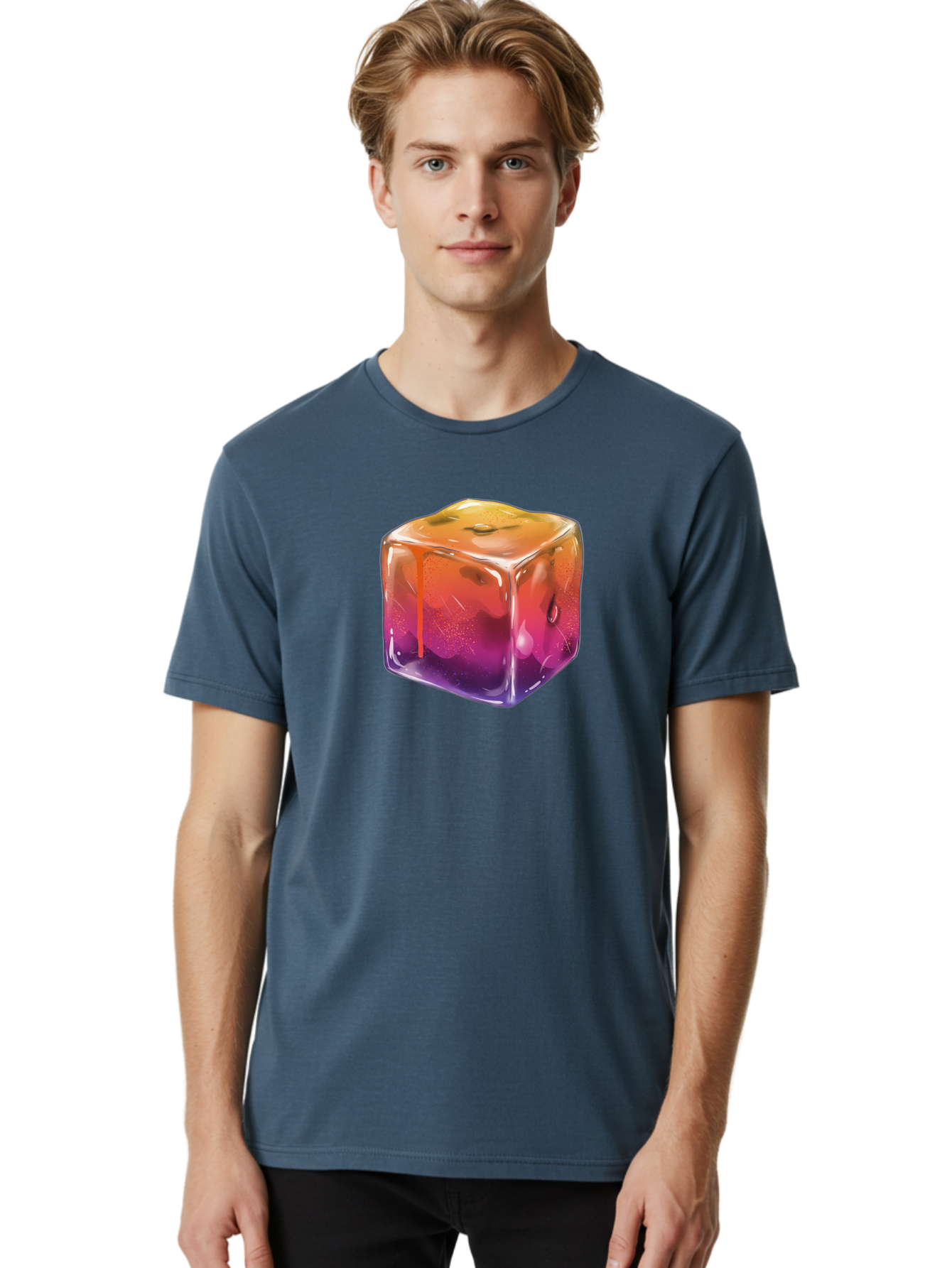 Melting-Ice-Cube Men'S Graphic Tee, 100% Cotton, Comfortable Casual Summer Wear, Machine Washable, Melting Ice Cube, Orange To Purple Gradient, Water Droplets, Melting Effect, Cool Design, Vibrant Colors, Refreshing Feel, Digital Art, Bad311