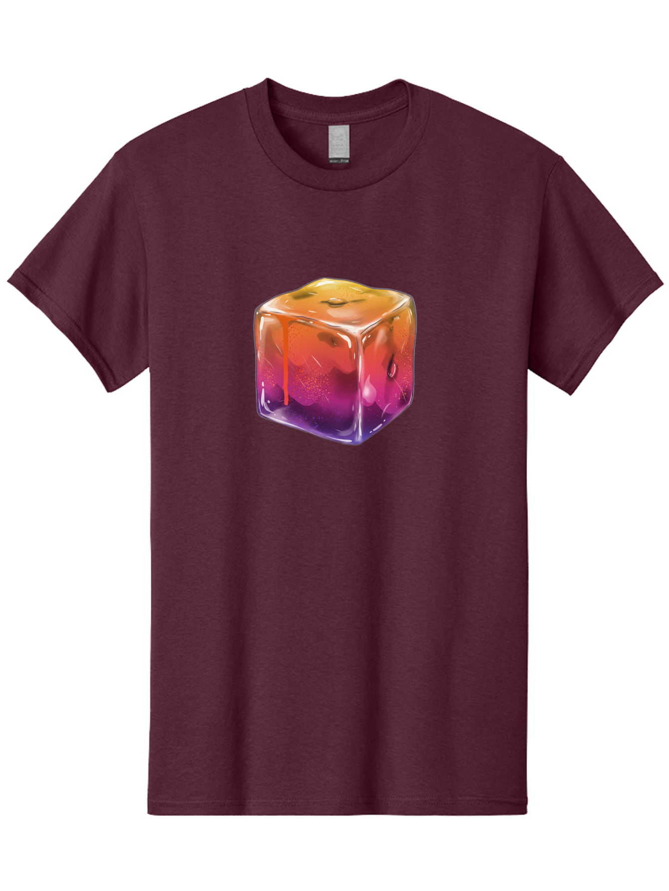 Melting-Ice-Cube Men'S Graphic Tee, 100% Cotton, Comfortable Casual Summer Wear, Machine Washable, Melting Ice Cube, Orange To Purple Gradient, Water Droplets, Melting Effect, Cool Design, Vibrant Colors, Refreshing Feel, Digital Art, Bad311