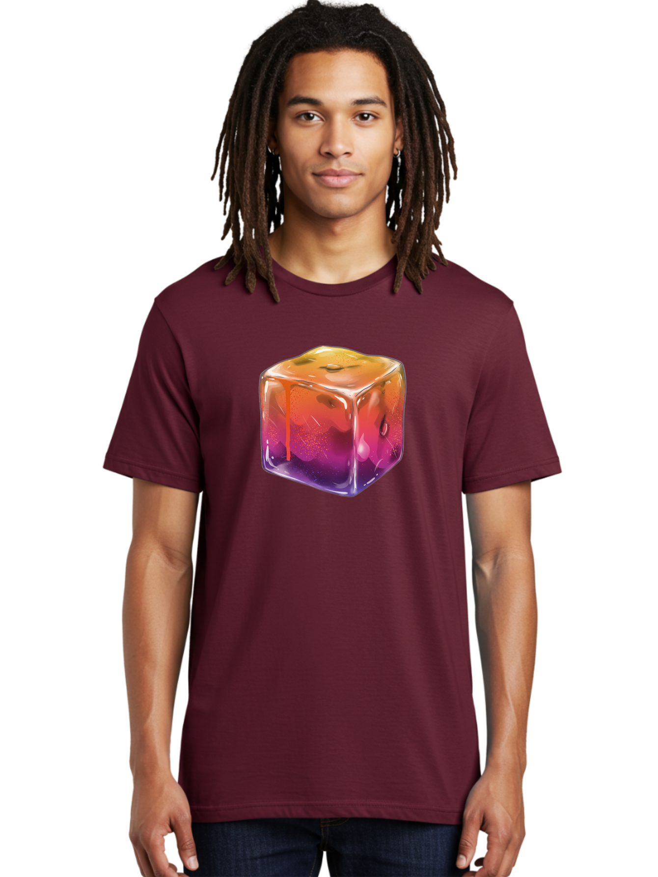 Melting-Ice-Cube Men'S Graphic Tee, 100% Cotton, Comfortable Casual Summer Wear, Machine Washable, Melting Ice Cube, Orange To Purple Gradient, Water Droplets, Melting Effect, Cool Design, Vibrant Colors, Refreshing Feel, Digital Art, Bad311