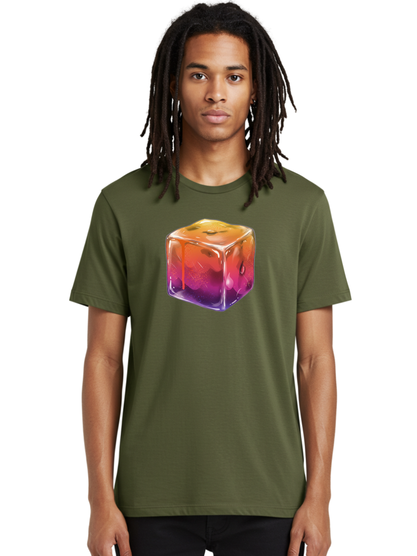 Melting-Ice-Cube Men'S Graphic Tee, 100% Cotton, Comfortable Casual Summer Wear, Machine Washable, Melting Ice Cube, Orange To Purple Gradient, Water Droplets, Melting Effect, Cool Design, Vibrant Colors, Refreshing Feel, Digital Art, Bad311