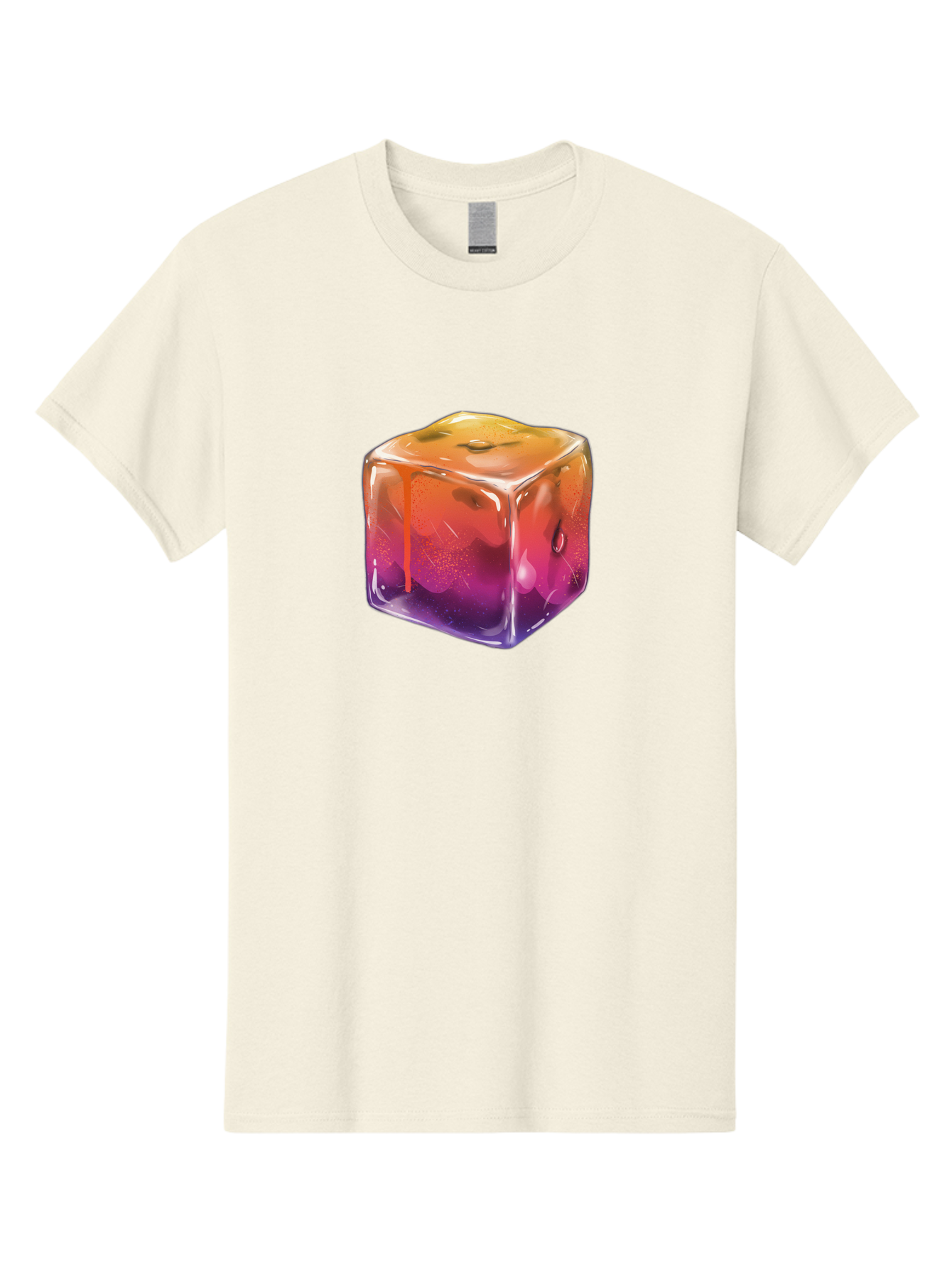 Melting-Ice-Cube Men'S Graphic Tee, 100% Cotton, Comfortable Casual Summer Wear, Machine Washable, Melting Ice Cube, Orange To Purple Gradient, Water Droplets, Melting Effect, Cool Design, Vibrant Colors, Refreshing Feel, Digital Art, Bad311