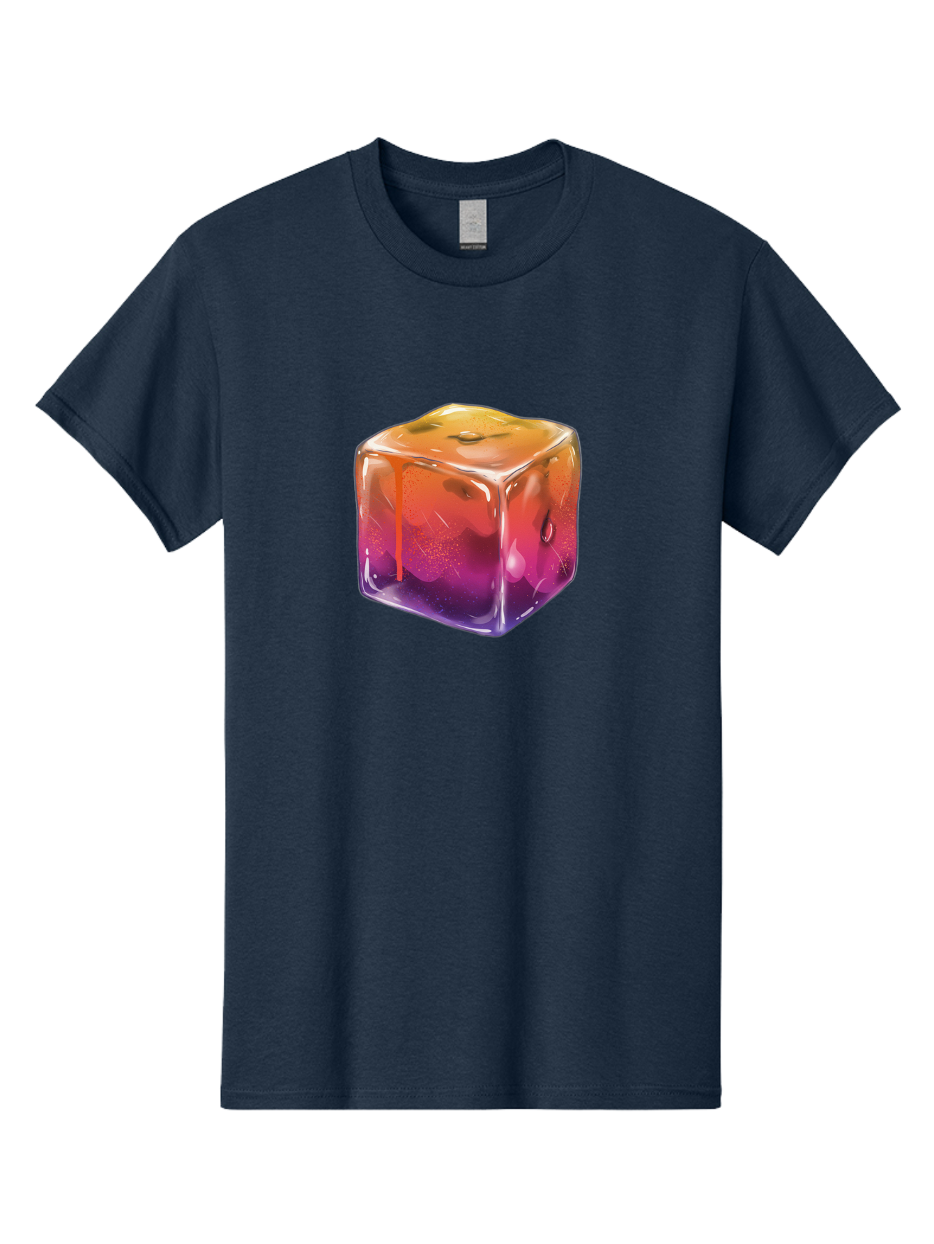 Melting-Ice-Cube Men'S Graphic Tee, 100% Cotton, Comfortable Casual Summer Wear, Machine Washable, Melting Ice Cube, Orange To Purple Gradient, Water Droplets, Melting Effect, Cool Design, Vibrant Colors, Refreshing Feel, Digital Art, Bad311