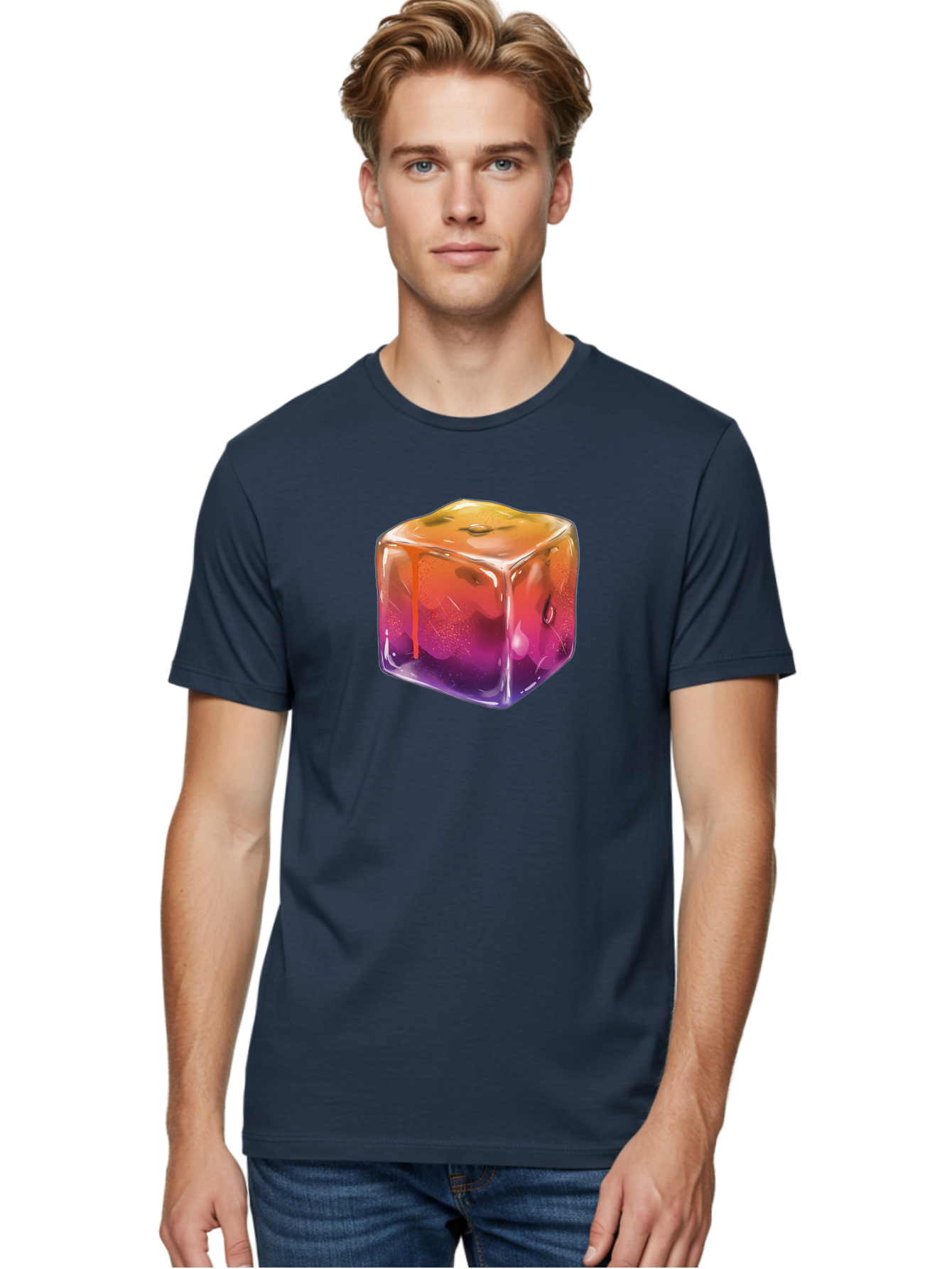 Melting-Ice-Cube Men'S Graphic Tee, 100% Cotton, Comfortable Casual Summer Wear, Machine Washable, Melting Ice Cube, Orange To Purple Gradient, Water Droplets, Melting Effect, Cool Design, Vibrant Colors, Refreshing Feel, Digital Art, Bad311