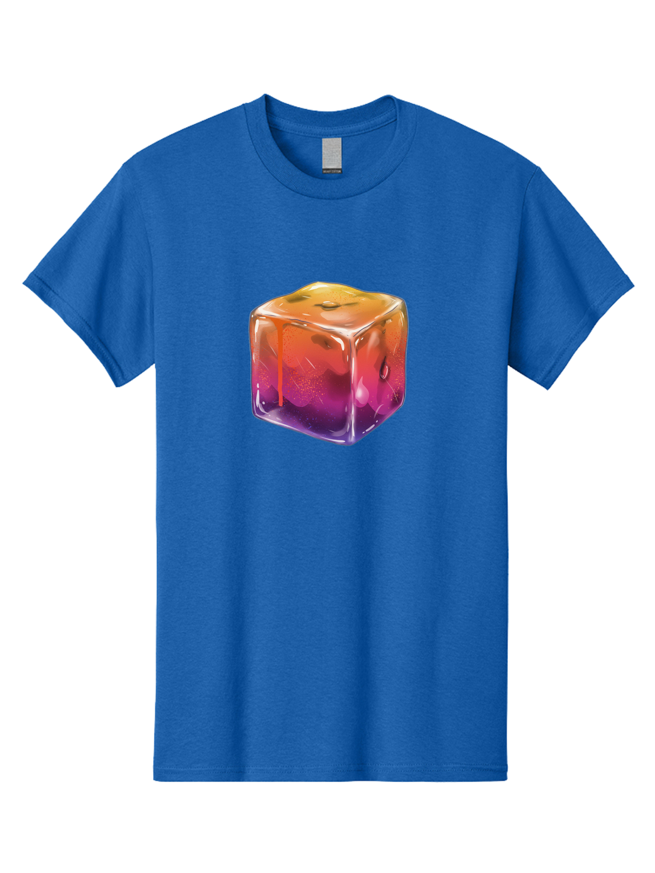 Melting-Ice-Cube Men'S Graphic Tee, 100% Cotton, Comfortable Casual Summer Wear, Machine Washable, Melting Ice Cube, Orange To Purple Gradient, Water Droplets, Melting Effect, Cool Design, Vibrant Colors, Refreshing Feel, Digital Art, Bad311