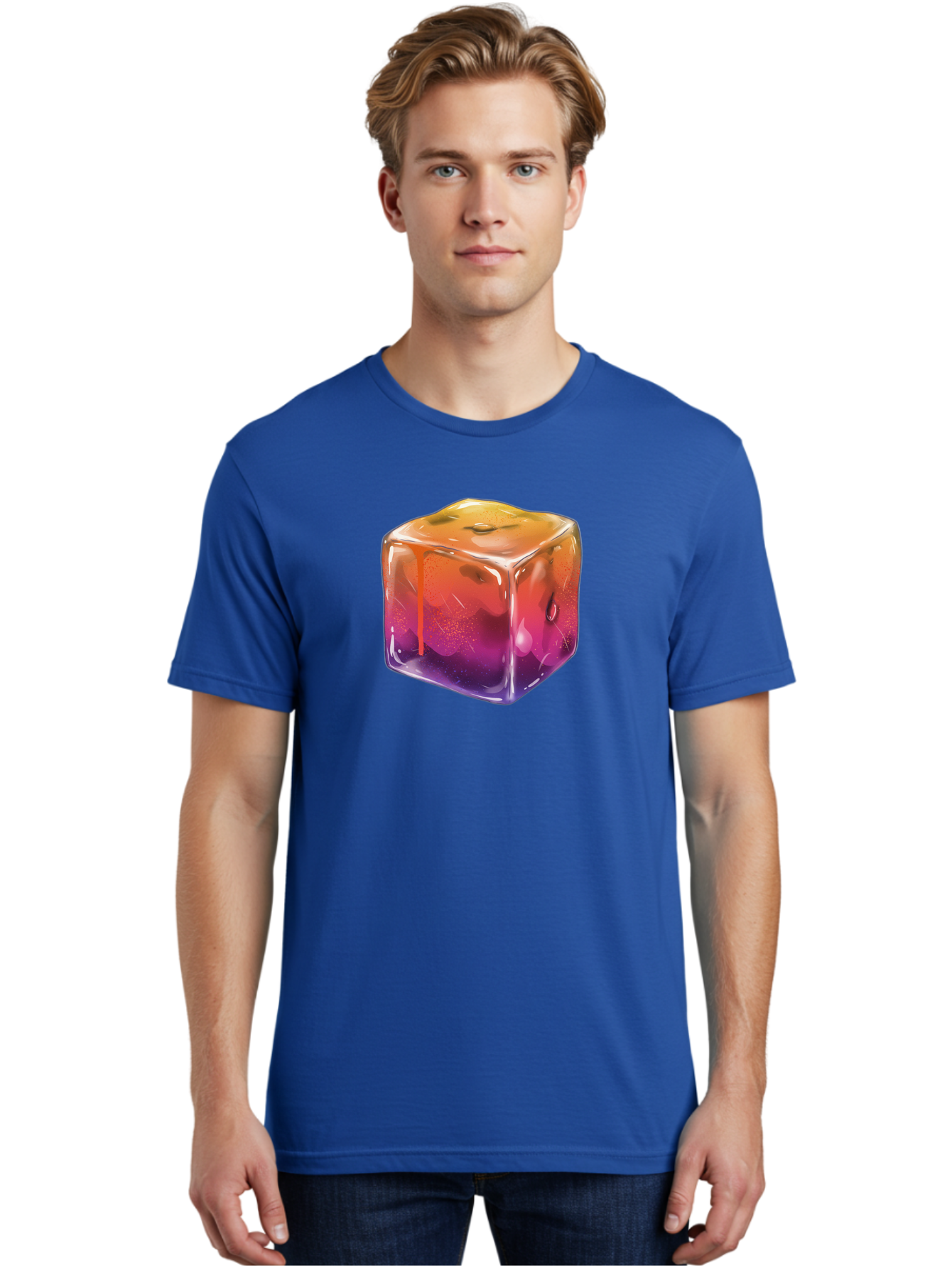 Melting-Ice-Cube Men'S Graphic Tee, 100% Cotton, Comfortable Casual Summer Wear, Machine Washable, Melting Ice Cube, Orange To Purple Gradient, Water Droplets, Melting Effect, Cool Design, Vibrant Colors, Refreshing Feel, Digital Art, Bad311