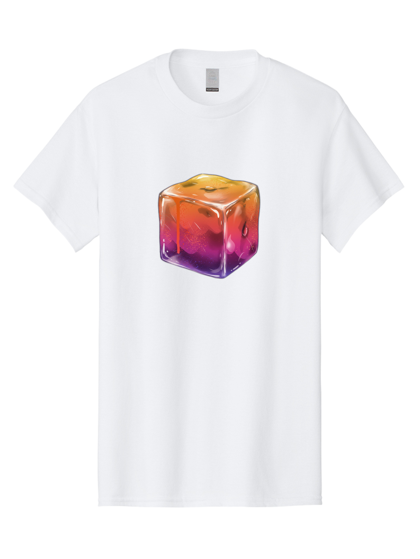 Melting-Ice-Cube Men'S Graphic Tee, 100% Cotton, Comfortable Casual Summer Wear, Machine Washable, Melting Ice Cube, Orange To Purple Gradient, Water Droplets, Melting Effect, Cool Design, Vibrant Colors, Refreshing Feel, Digital Art, Bad311