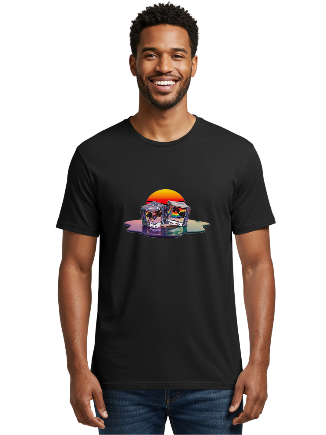 Melting-Ice-Cubes-1 Men'S Graphic Tee, 100% Cotton, Comfortable Casual Summer Wear, Machine Washable, Ice Cubes, Melting Ice, Reflective Surface, Rainbow Colors, Vibrant Sunset, Abstract Art, Cool Design, Futuristic Style, Liquid Splash Bad312
