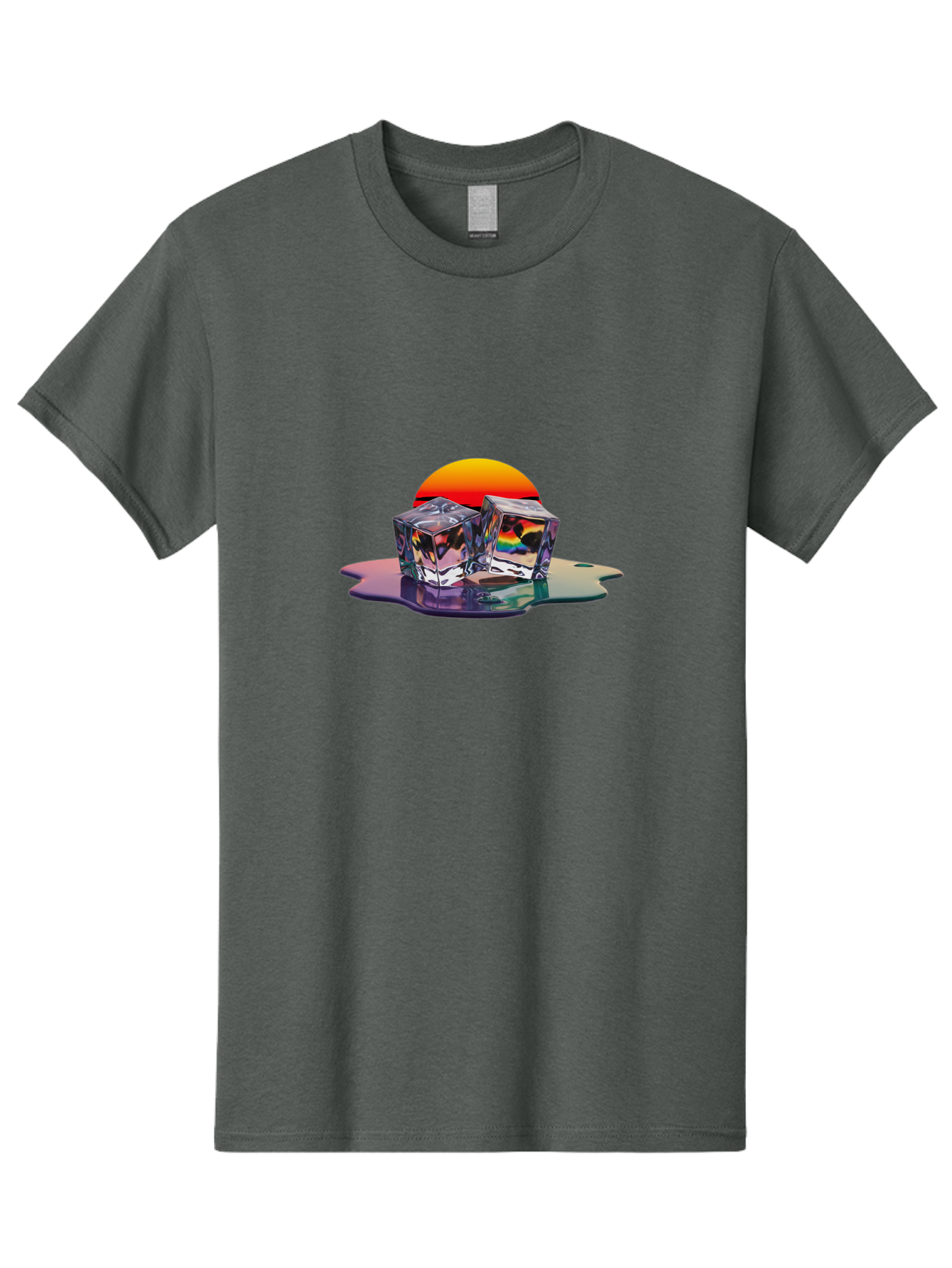 Melting-Ice-Cubes-1 Men'S Graphic Tee, 100% Cotton, Comfortable Casual Summer Wear, Machine Washable, Ice Cubes, Melting Ice, Reflective Surface, Rainbow Colors, Vibrant Sunset, Abstract Art, Cool Design, Futuristic Style, Liquid Splash Bad312