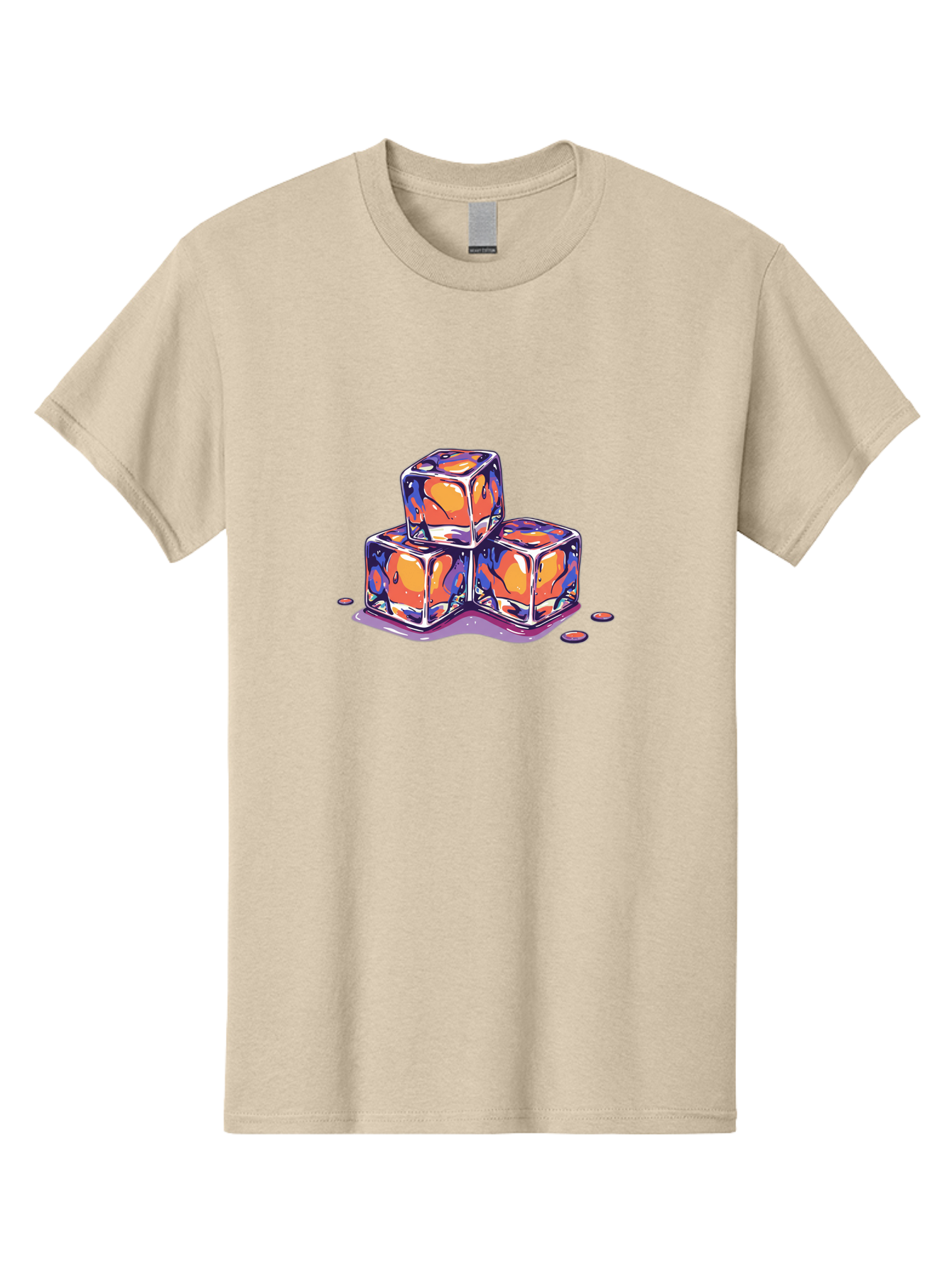 Melting-Ice-Cubes-2 Men'S Graphic Tee, 100% Cotton, Comfortable Casual Summer Wear, Machine Washable, Ice Cubes, Melting Ice, Orange And Blue Swirls, Abstract Design, Liquid Droplets, Colorful Illustration, Vibrant Colors, Refreshing Theme, Bad313