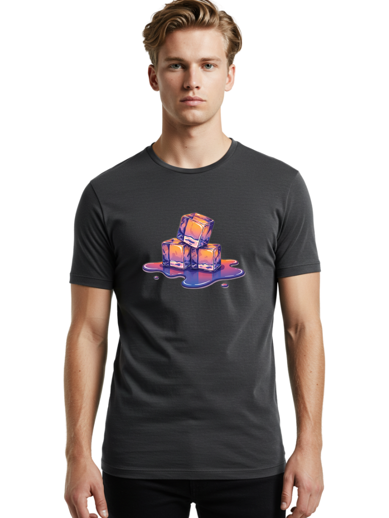 Melting-Ice-Cubes Men'S Graphic Tee, 100% Cotton, Comfortable Casual Summer Wear, Machine Washable, Ice Cubes, Melting Ice, Cold Beverage, Refreshing Drink, Vibrant Colors, Purple And Orange Hues, Liquid Splash, Cool Atmosphere, Frosty Effect Bad314