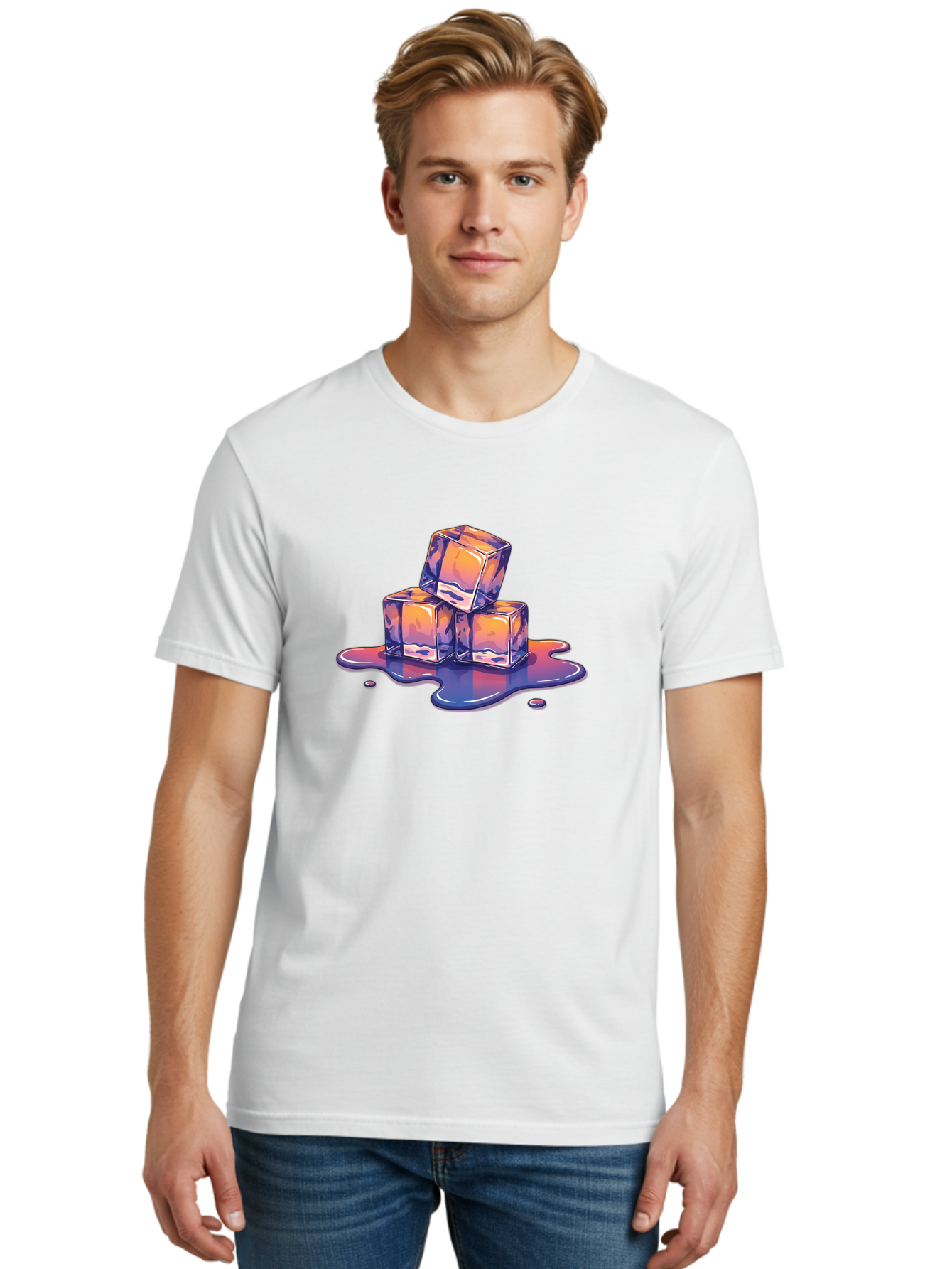 Melting-Ice-Cubes Men'S Graphic Tee, 100% Cotton, Comfortable Casual Summer Wear, Machine Washable, Ice Cubes, Melting Ice, Cold Beverage, Refreshing Drink, Vibrant Colors, Purple And Orange Hues, Liquid Splash, Cool Atmosphere, Frosty Effect Bad314