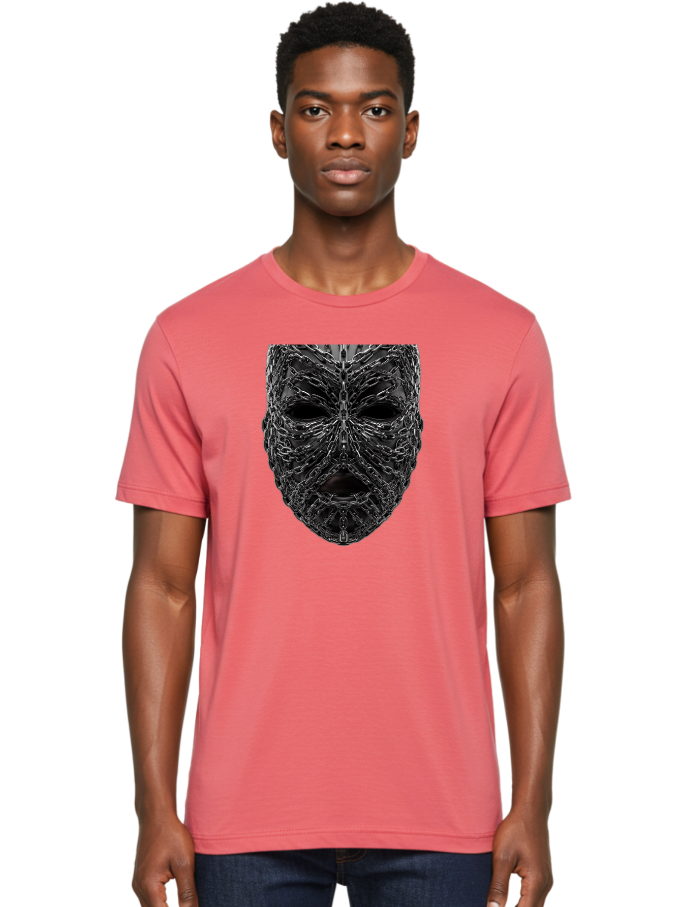Metal-Chain-Mask Men'S Graphic Tee, 100% Cotton, Comfortable Casual Summer Wear, Machine Washable, Black Mask With Chains, Metal Chains Wrapped Around Face, Eerie Atmosphere, Dark Art, Gothic Style, Industrial Design, Chains, Mask, Bad316