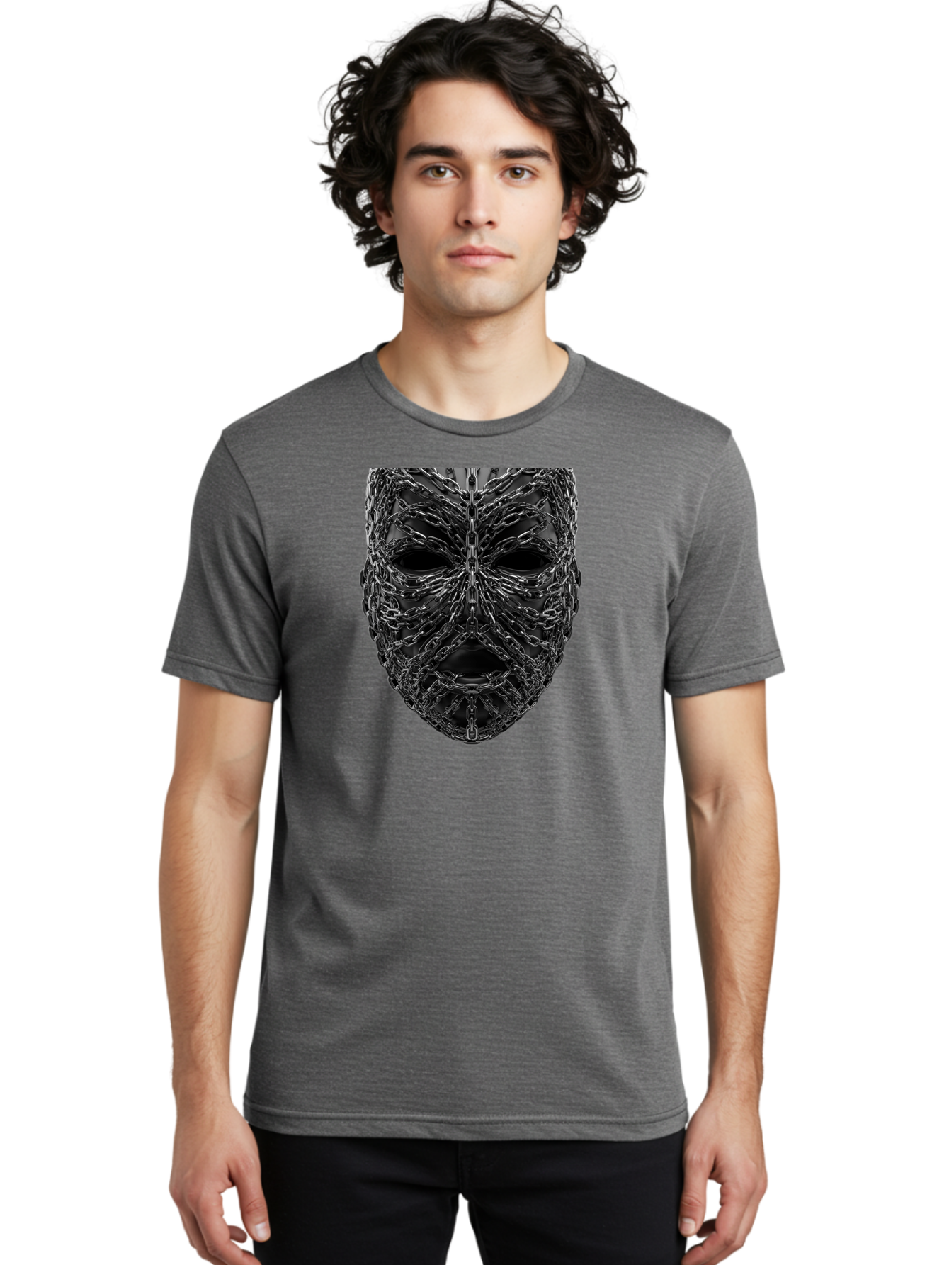 Metal-Chain-Mask Men'S Graphic Tee, 100% Cotton, Comfortable Casual Summer Wear, Machine Washable, Black Mask With Chains, Metal Chains Wrapped Around Face, Eerie Atmosphere, Dark Art, Gothic Style, Industrial Design, Chains, Mask, Bad316