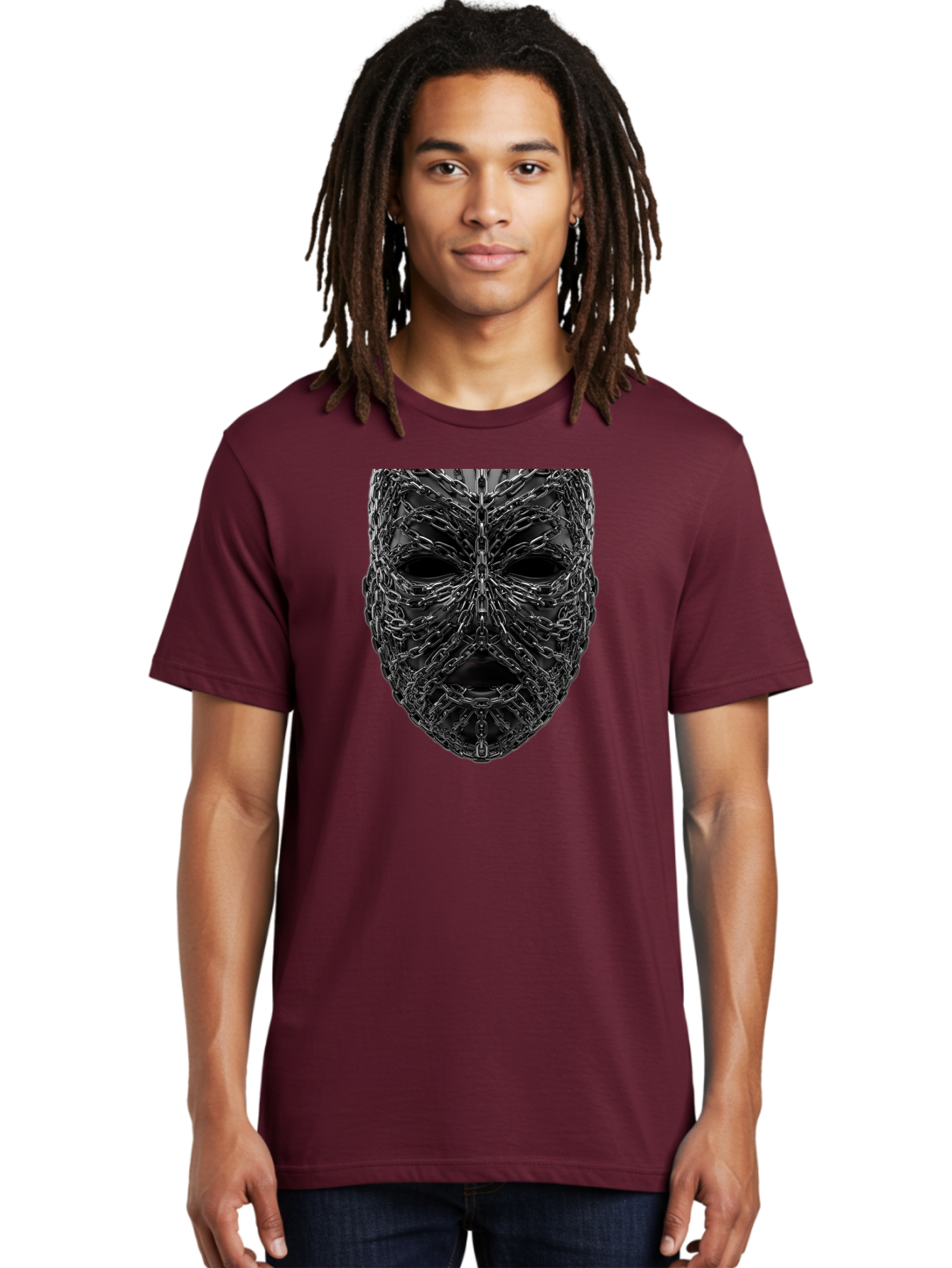 Metal-Chain-Mask Men'S Graphic Tee, 100% Cotton, Comfortable Casual Summer Wear, Machine Washable, Black Mask With Chains, Metal Chains Wrapped Around Face, Eerie Atmosphere, Dark Art, Gothic Style, Industrial Design, Chains, Mask, Bad316