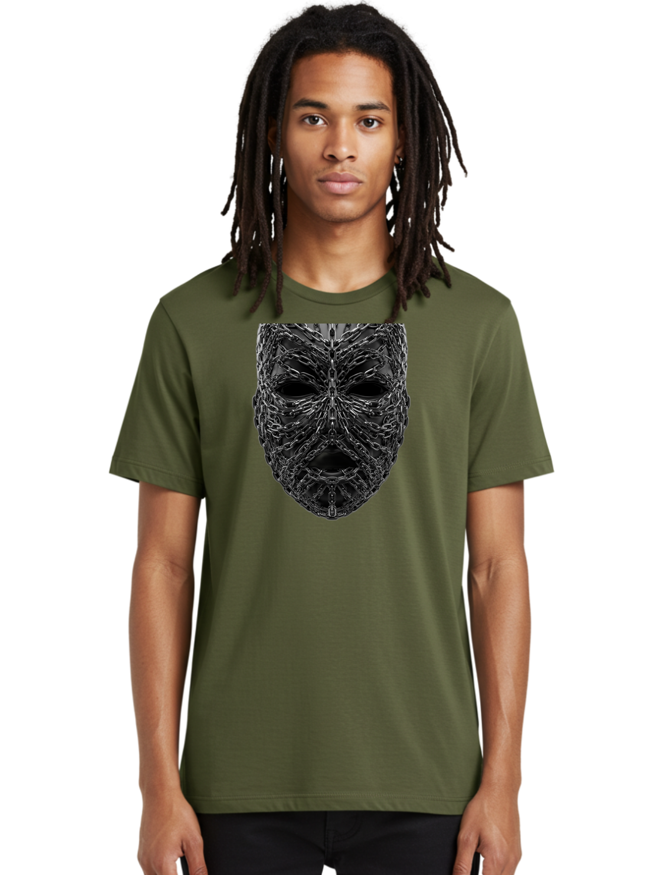 Metal-Chain-Mask Men'S Graphic Tee, 100% Cotton, Comfortable Casual Summer Wear, Machine Washable, Black Mask With Chains, Metal Chains Wrapped Around Face, Eerie Atmosphere, Dark Art, Gothic Style, Industrial Design, Chains, Mask, Bad316