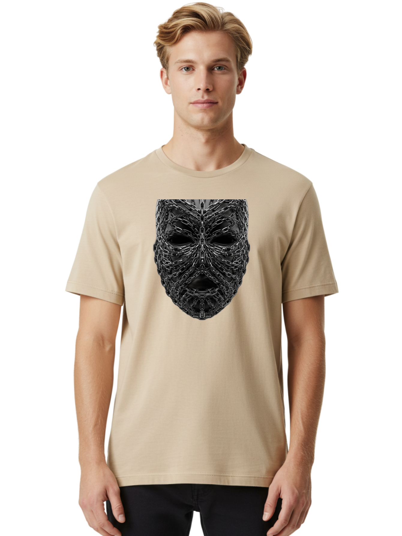 Metal-Chain-Mask Men'S Graphic Tee, 100% Cotton, Comfortable Casual Summer Wear, Machine Washable, Black Mask With Chains, Metal Chains Wrapped Around Face, Eerie Atmosphere, Dark Art, Gothic Style, Industrial Design, Chains, Mask, Bad316