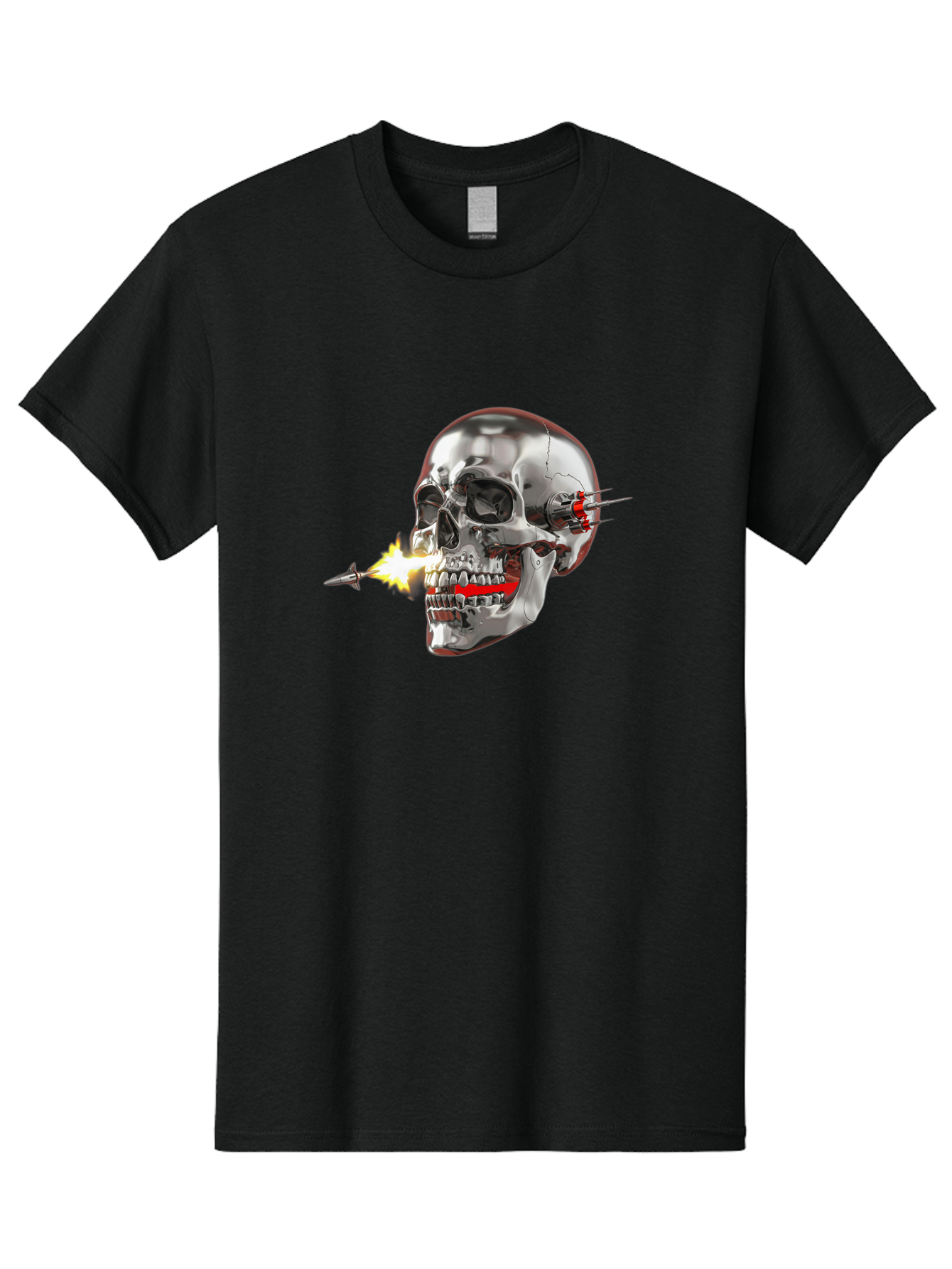 Metal-Skull Men'S Graphic Tee, 100% Cotton, Comfortable Casual Summer Wear, Machine Washable, Metal Skull, Robotic Skull, Futuristic Design, Cybernetic Enhancements, Metallic Finish, Sharp Teeth, Red Accents, Sci-Fi Element, Metal Implants, Bad317