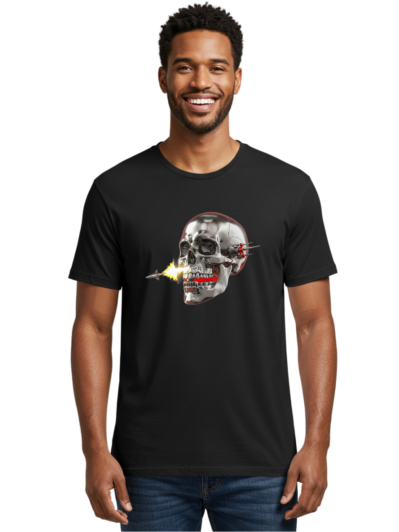 Metal-Skull Men'S Graphic Tee, 100% Cotton, Comfortable Casual Summer Wear, Machine Washable, Metal Skull, Robotic Skull, Futuristic Design, Cybernetic Enhancements, Metallic Finish, Sharp Teeth, Red Accents, Sci-Fi Element, Metal Implants, Bad317