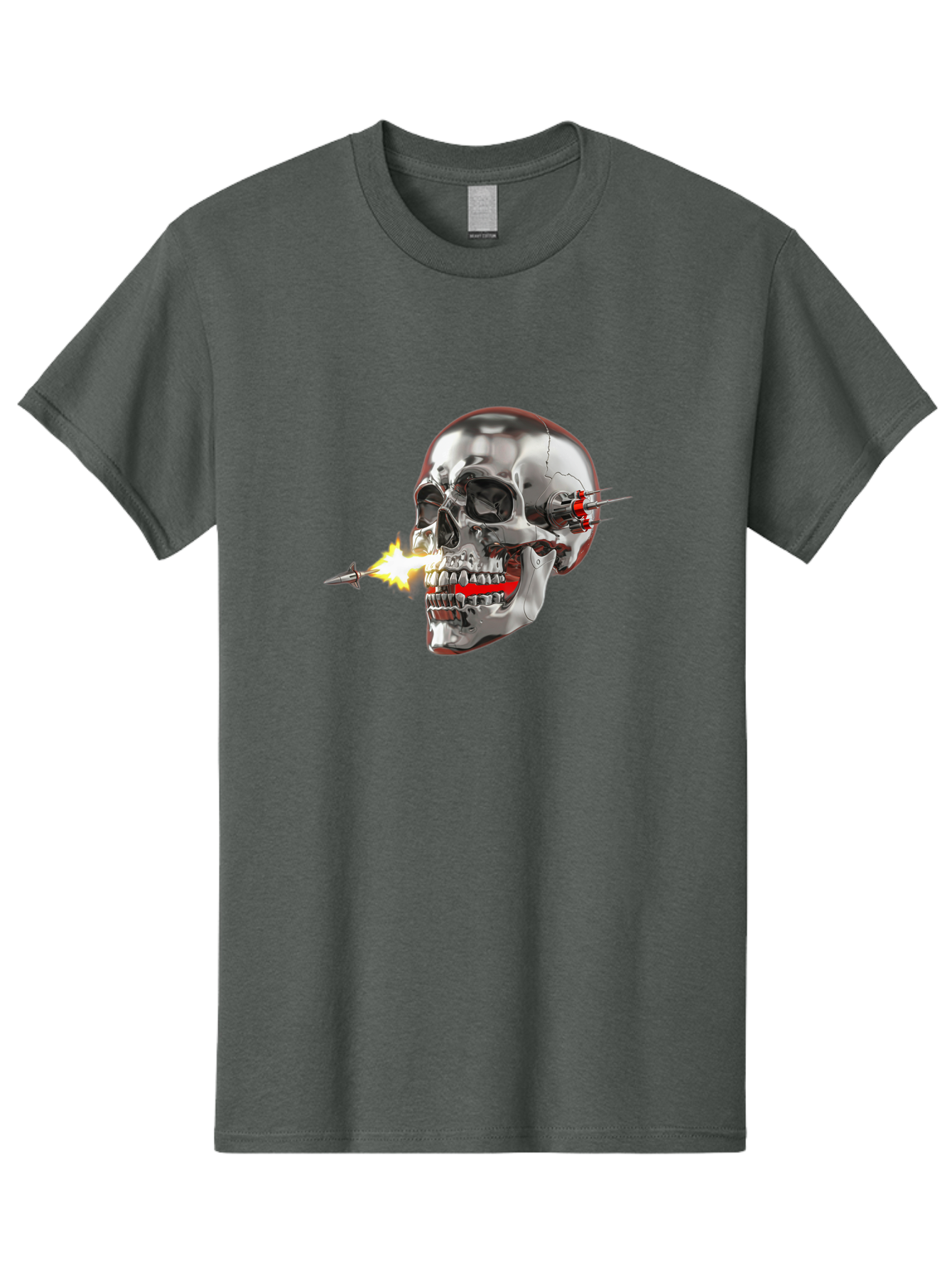 Metal-Skull Men'S Graphic Tee, 100% Cotton, Comfortable Casual Summer Wear, Machine Washable, Metal Skull, Robotic Skull, Futuristic Design, Cybernetic Enhancements, Metallic Finish, Sharp Teeth, Red Accents, Sci-Fi Element, Metal Implants, Bad317