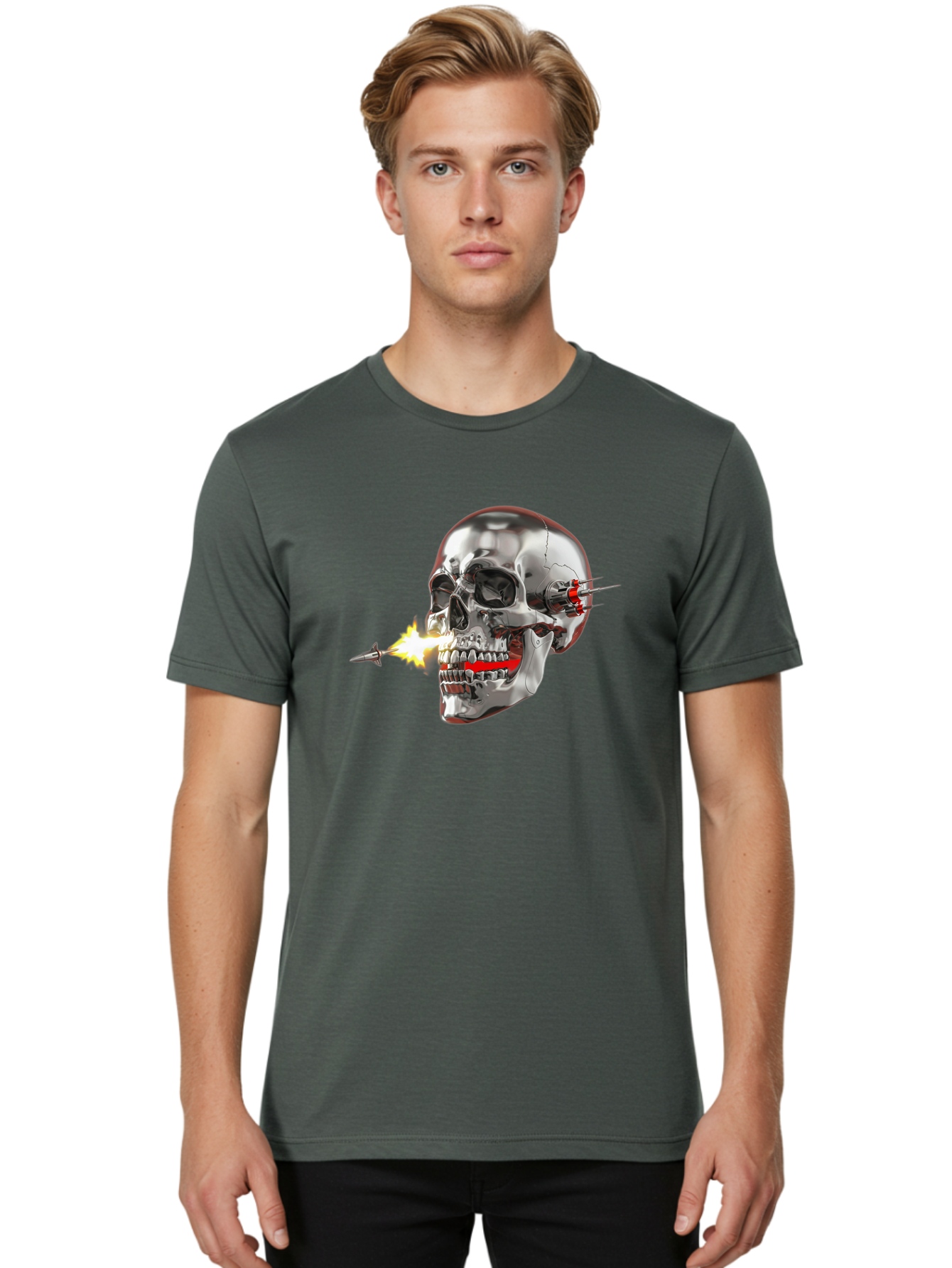 Metal-Skull Men'S Graphic Tee, 100% Cotton, Comfortable Casual Summer Wear, Machine Washable, Metal Skull, Robotic Skull, Futuristic Design, Cybernetic Enhancements, Metallic Finish, Sharp Teeth, Red Accents, Sci-Fi Element, Metal Implants, Bad317