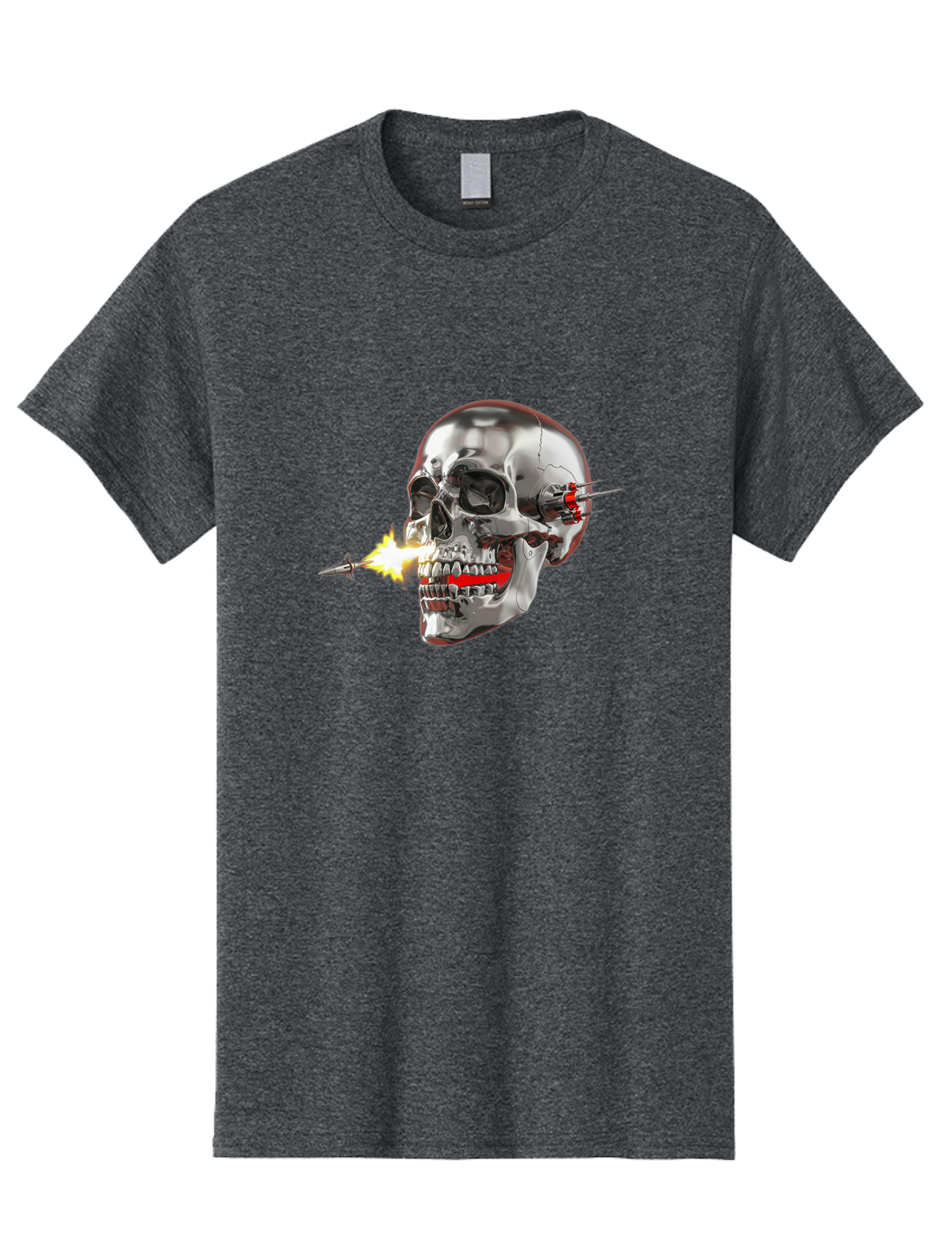 Metal-Skull Men'S Graphic Tee, 100% Cotton, Comfortable Casual Summer Wear, Machine Washable, Metal Skull, Robotic Skull, Futuristic Design, Cybernetic Enhancements, Metallic Finish, Sharp Teeth, Red Accents, Sci-Fi Element, Metal Implants, Bad317