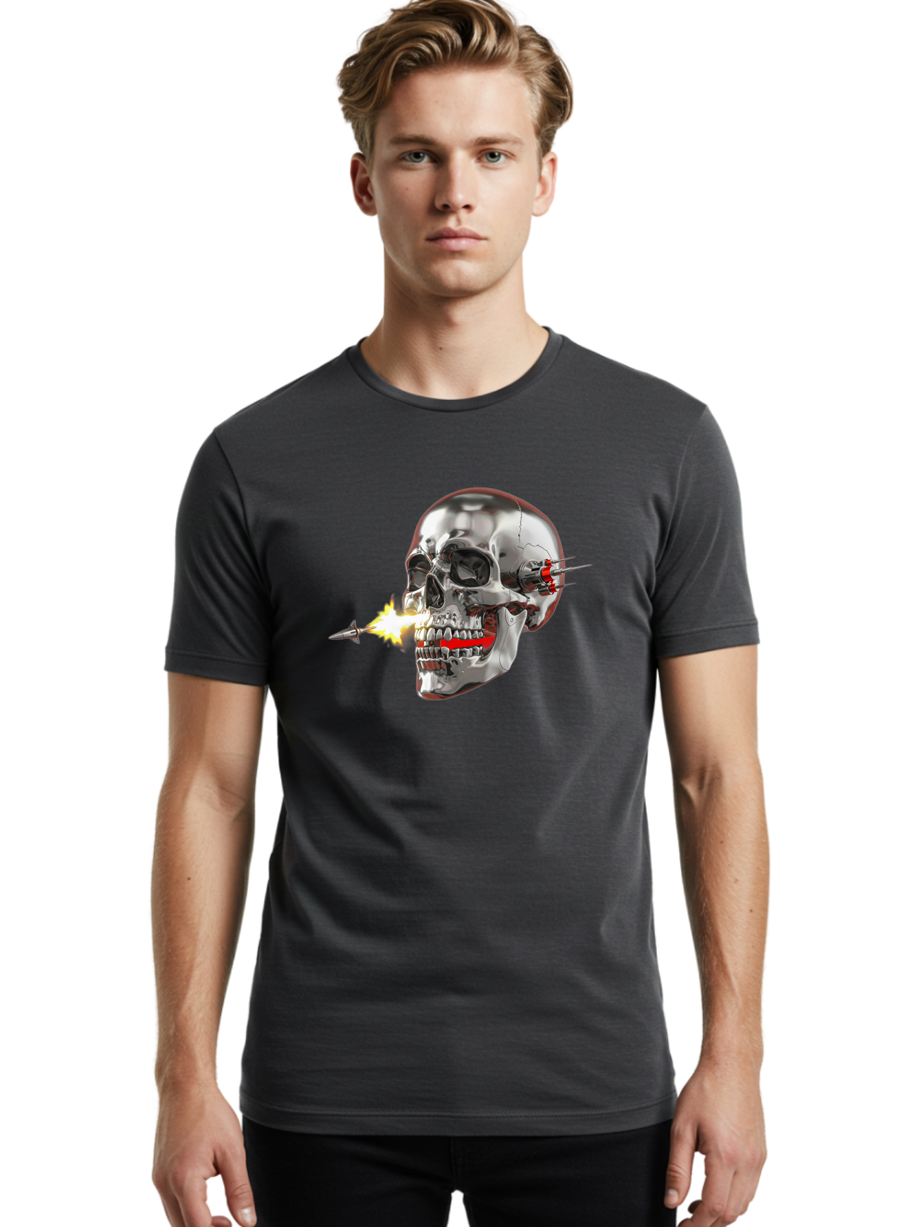Metal-Skull Men'S Graphic Tee, 100% Cotton, Comfortable Casual Summer Wear, Machine Washable, Metal Skull, Robotic Skull, Futuristic Design, Cybernetic Enhancements, Metallic Finish, Sharp Teeth, Red Accents, Sci-Fi Element, Metal Implants, Bad317