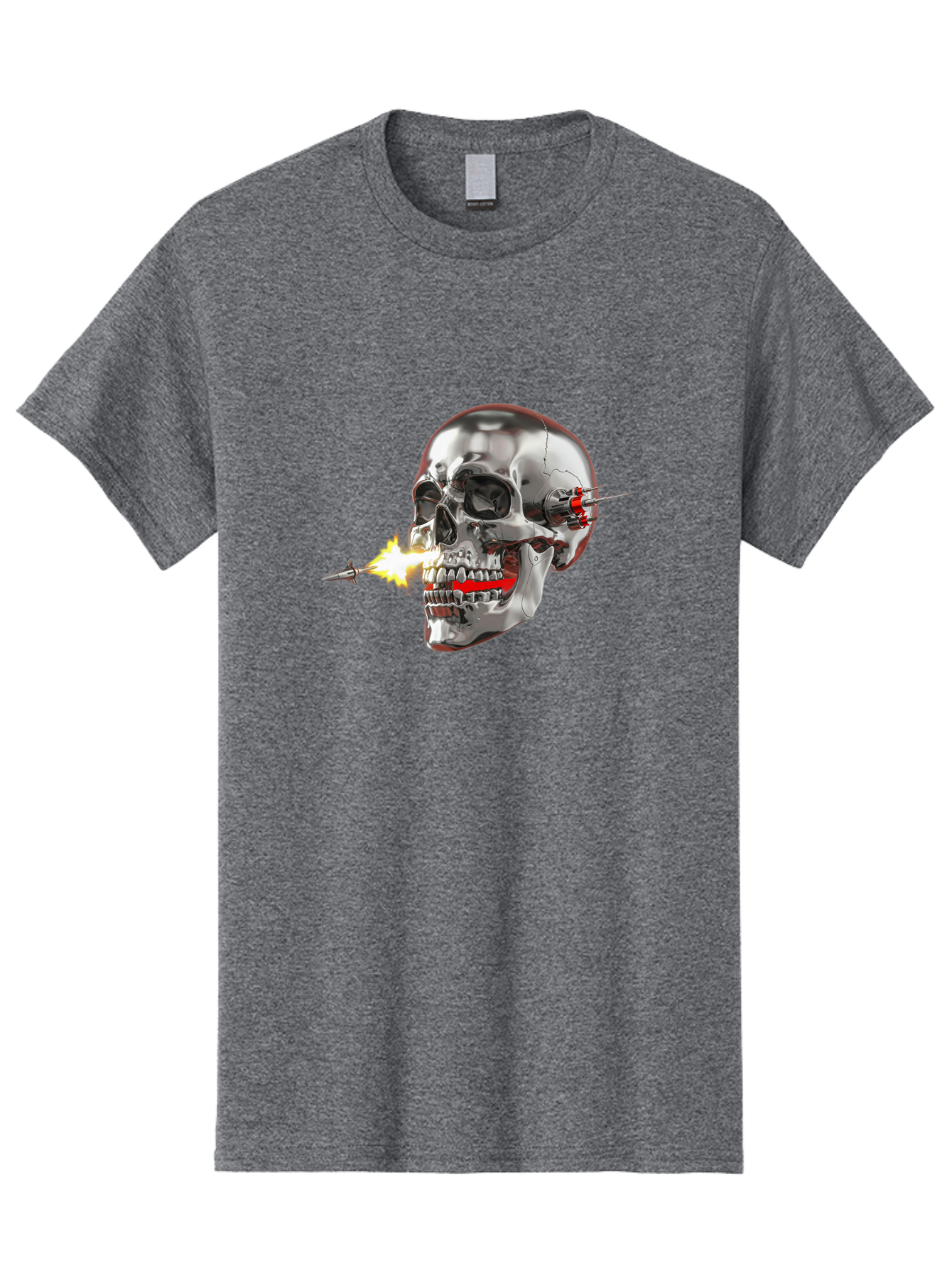Metal-Skull Men'S Graphic Tee, 100% Cotton, Comfortable Casual Summer Wear, Machine Washable, Metal Skull, Robotic Skull, Futuristic Design, Cybernetic Enhancements, Metallic Finish, Sharp Teeth, Red Accents, Sci-Fi Element, Metal Implants, Bad317