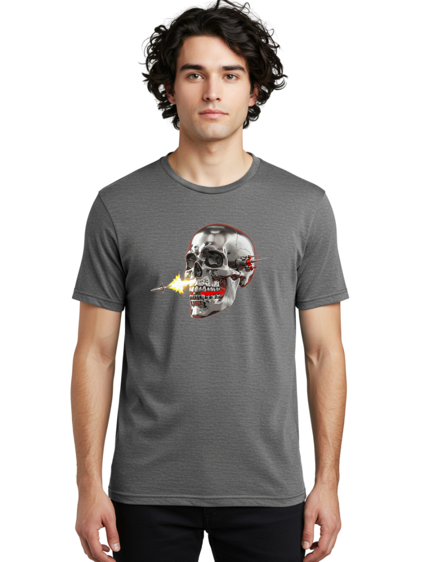 Metal-Skull Men'S Graphic Tee, 100% Cotton, Comfortable Casual Summer Wear, Machine Washable, Metal Skull, Robotic Skull, Futuristic Design, Cybernetic Enhancements, Metallic Finish, Sharp Teeth, Red Accents, Sci-Fi Element, Metal Implants, Bad317