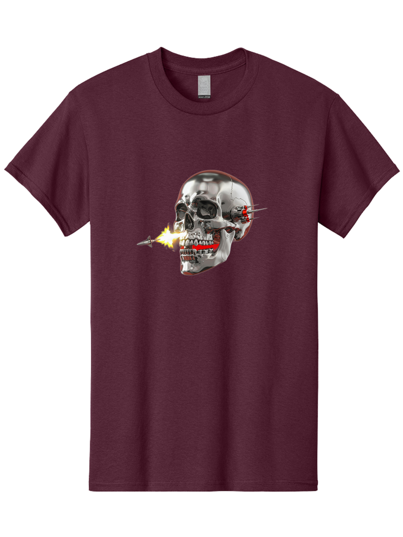 Metal-Skull Men'S Graphic Tee, 100% Cotton, Comfortable Casual Summer Wear, Machine Washable, Metal Skull, Robotic Skull, Futuristic Design, Cybernetic Enhancements, Metallic Finish, Sharp Teeth, Red Accents, Sci-Fi Element, Metal Implants, Bad317