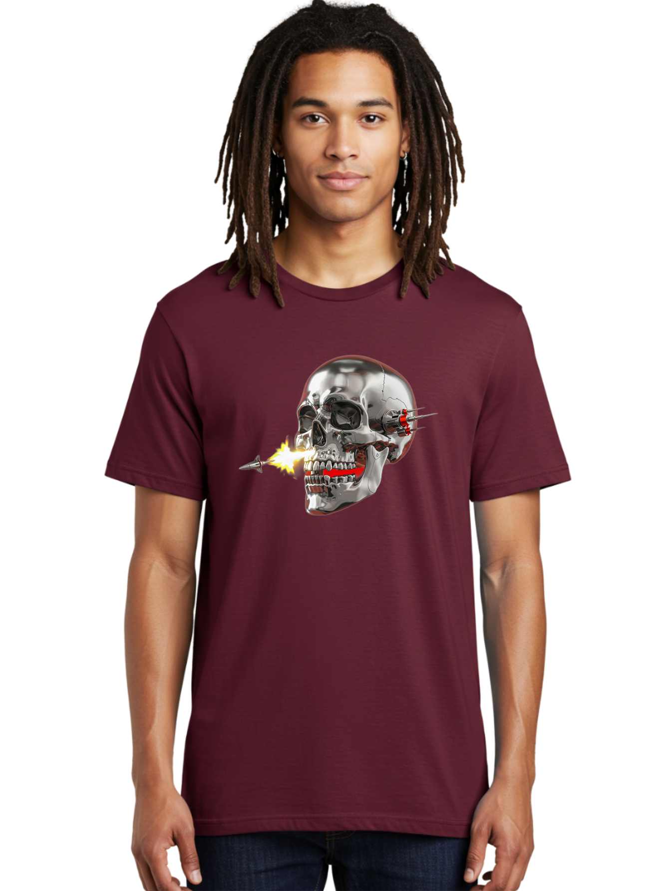 Metal-Skull Men'S Graphic Tee, 100% Cotton, Comfortable Casual Summer Wear, Machine Washable, Metal Skull, Robotic Skull, Futuristic Design, Cybernetic Enhancements, Metallic Finish, Sharp Teeth, Red Accents, Sci-Fi Element, Metal Implants, Bad317