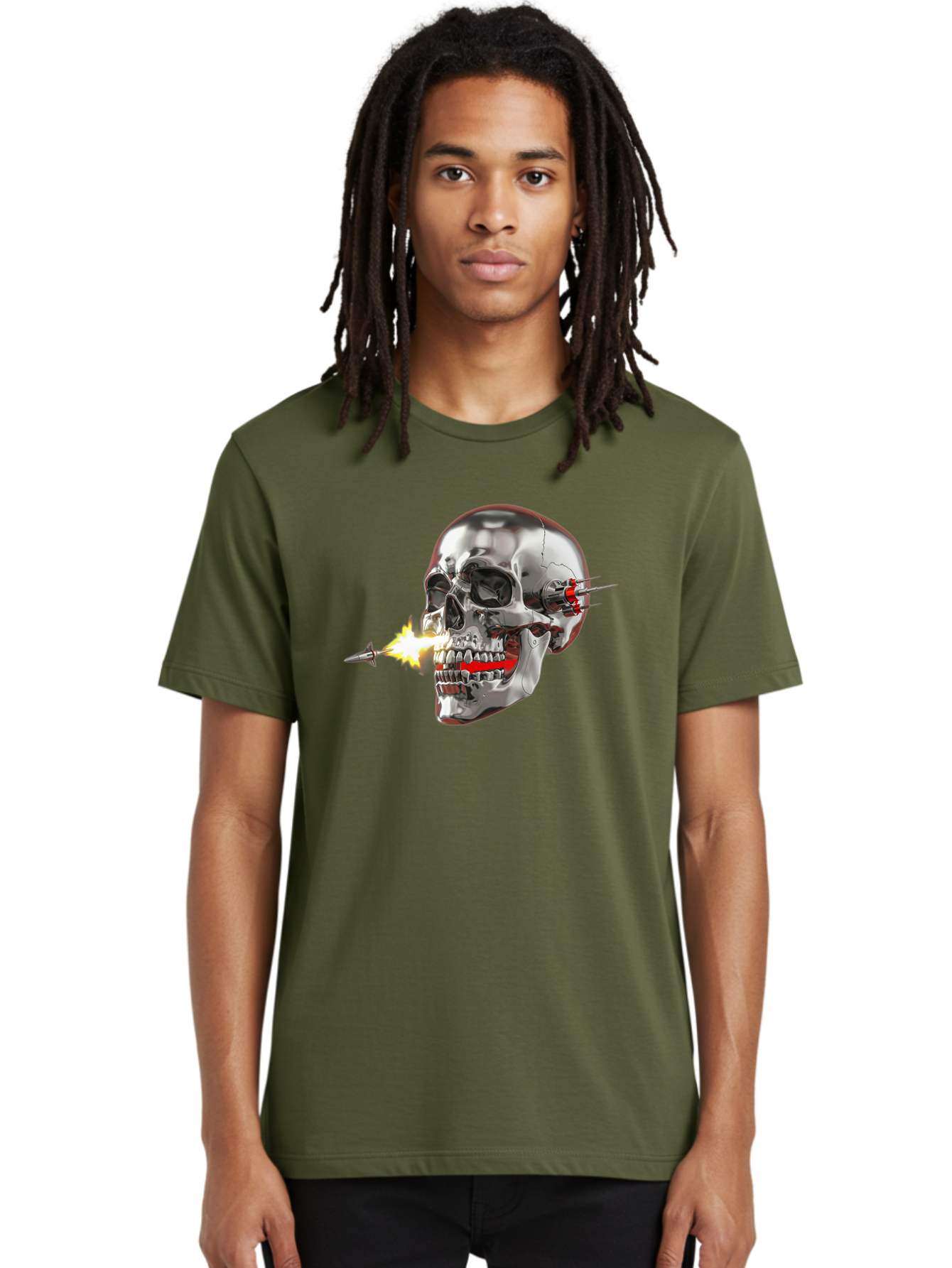 Metal-Skull Men'S Graphic Tee, 100% Cotton, Comfortable Casual Summer Wear, Machine Washable, Metal Skull, Robotic Skull, Futuristic Design, Cybernetic Enhancements, Metallic Finish, Sharp Teeth, Red Accents, Sci-Fi Element, Metal Implants, Bad317