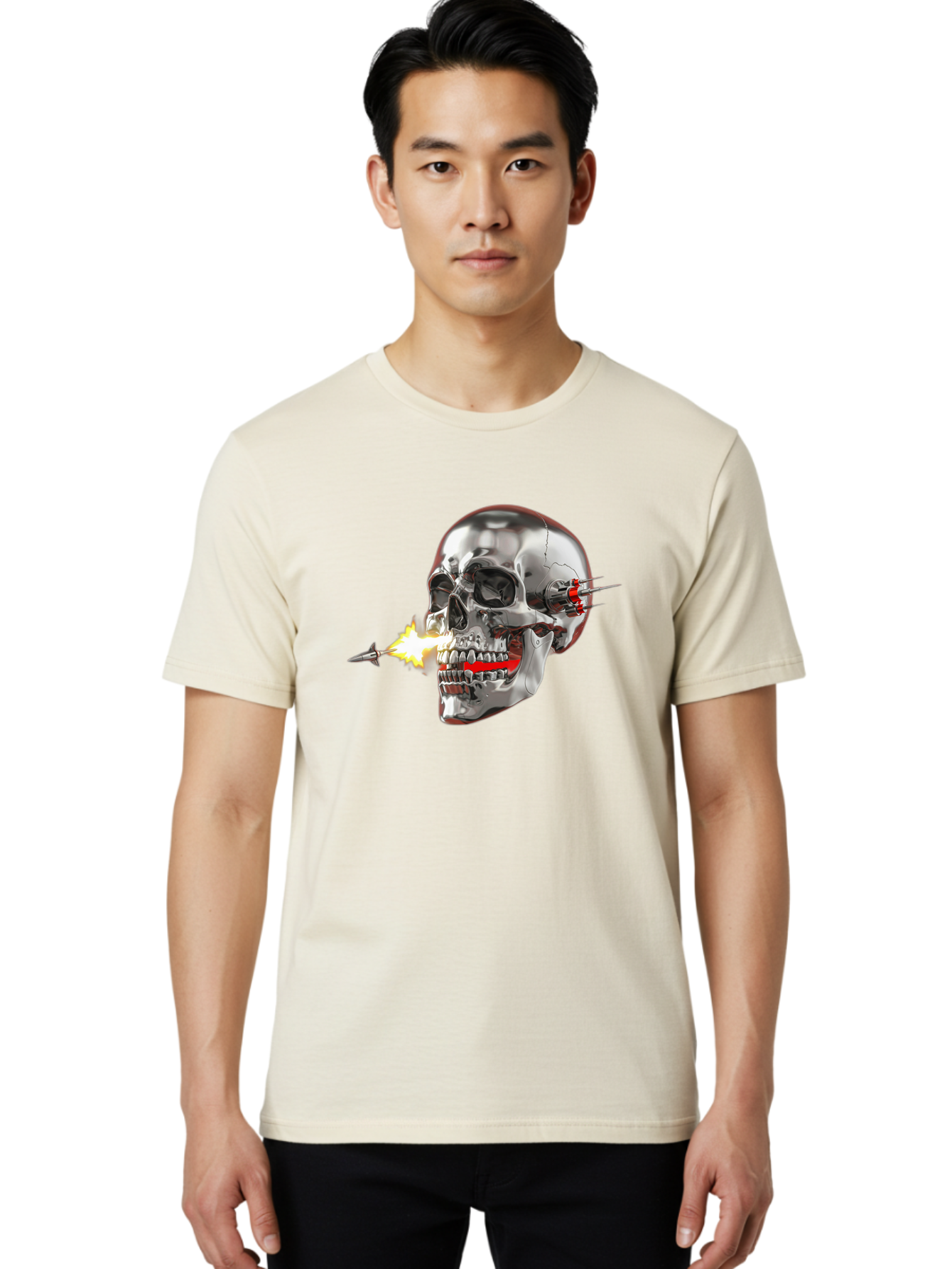 Metal-Skull Men'S Graphic Tee, 100% Cotton, Comfortable Casual Summer Wear, Machine Washable, Metal Skull, Robotic Skull, Futuristic Design, Cybernetic Enhancements, Metallic Finish, Sharp Teeth, Red Accents, Sci-Fi Element, Metal Implants, Bad317