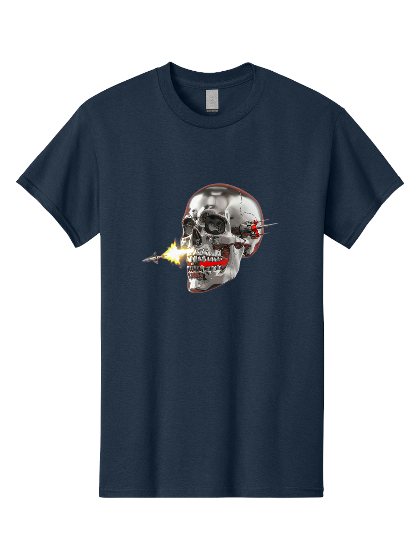 Metal-Skull Men'S Graphic Tee, 100% Cotton, Comfortable Casual Summer Wear, Machine Washable, Metal Skull, Robotic Skull, Futuristic Design, Cybernetic Enhancements, Metallic Finish, Sharp Teeth, Red Accents, Sci-Fi Element, Metal Implants, Bad317