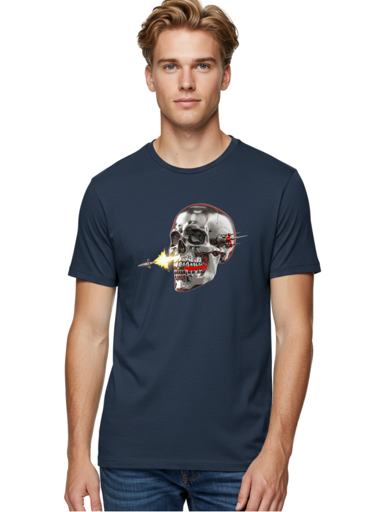 Metal-Skull Men'S Graphic Tee, 100% Cotton, Comfortable Casual Summer Wear, Machine Washable, Metal Skull, Robotic Skull, Futuristic Design, Cybernetic Enhancements, Metallic Finish, Sharp Teeth, Red Accents, Sci-Fi Element, Metal Implants, Bad317