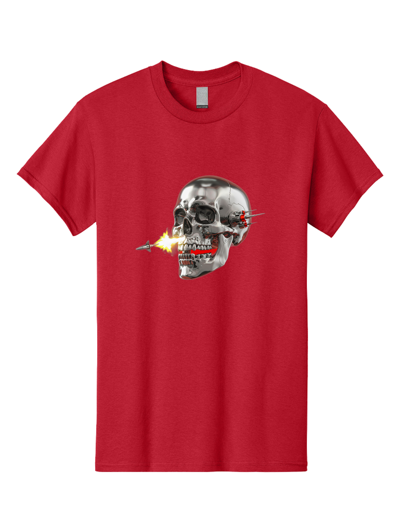 Metal-Skull Men'S Graphic Tee, 100% Cotton, Comfortable Casual Summer Wear, Machine Washable, Metal Skull, Robotic Skull, Futuristic Design, Cybernetic Enhancements, Metallic Finish, Sharp Teeth, Red Accents, Sci-Fi Element, Metal Implants, Bad317