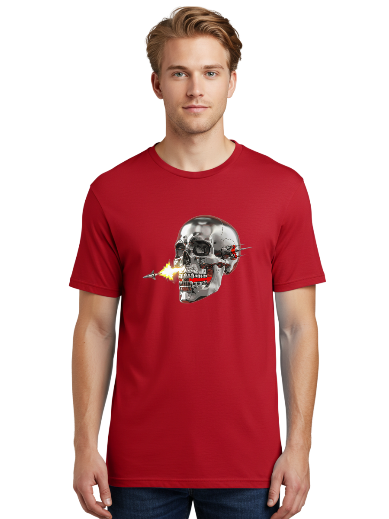 Metal-Skull Men'S Graphic Tee, 100% Cotton, Comfortable Casual Summer Wear, Machine Washable, Metal Skull, Robotic Skull, Futuristic Design, Cybernetic Enhancements, Metallic Finish, Sharp Teeth, Red Accents, Sci-Fi Element, Metal Implants, Bad317