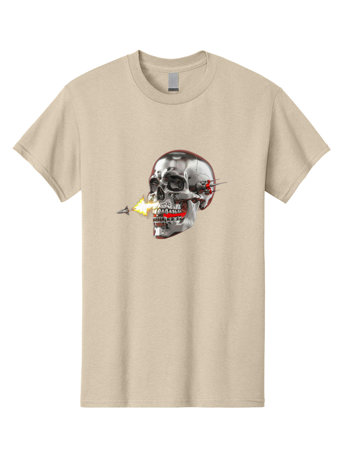Metal-Skull Men'S Graphic Tee, 100% Cotton, Comfortable Casual Summer Wear, Machine Washable, Metal Skull, Robotic Skull, Futuristic Design, Cybernetic Enhancements, Metallic Finish, Sharp Teeth, Red Accents, Sci-Fi Element, Metal Implants, Bad317