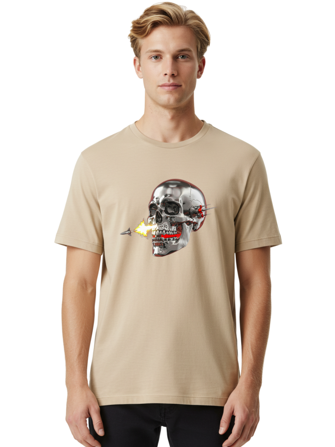 Metal-Skull Men'S Graphic Tee, 100% Cotton, Comfortable Casual Summer Wear, Machine Washable, Metal Skull, Robotic Skull, Futuristic Design, Cybernetic Enhancements, Metallic Finish, Sharp Teeth, Red Accents, Sci-Fi Element, Metal Implants, Bad317