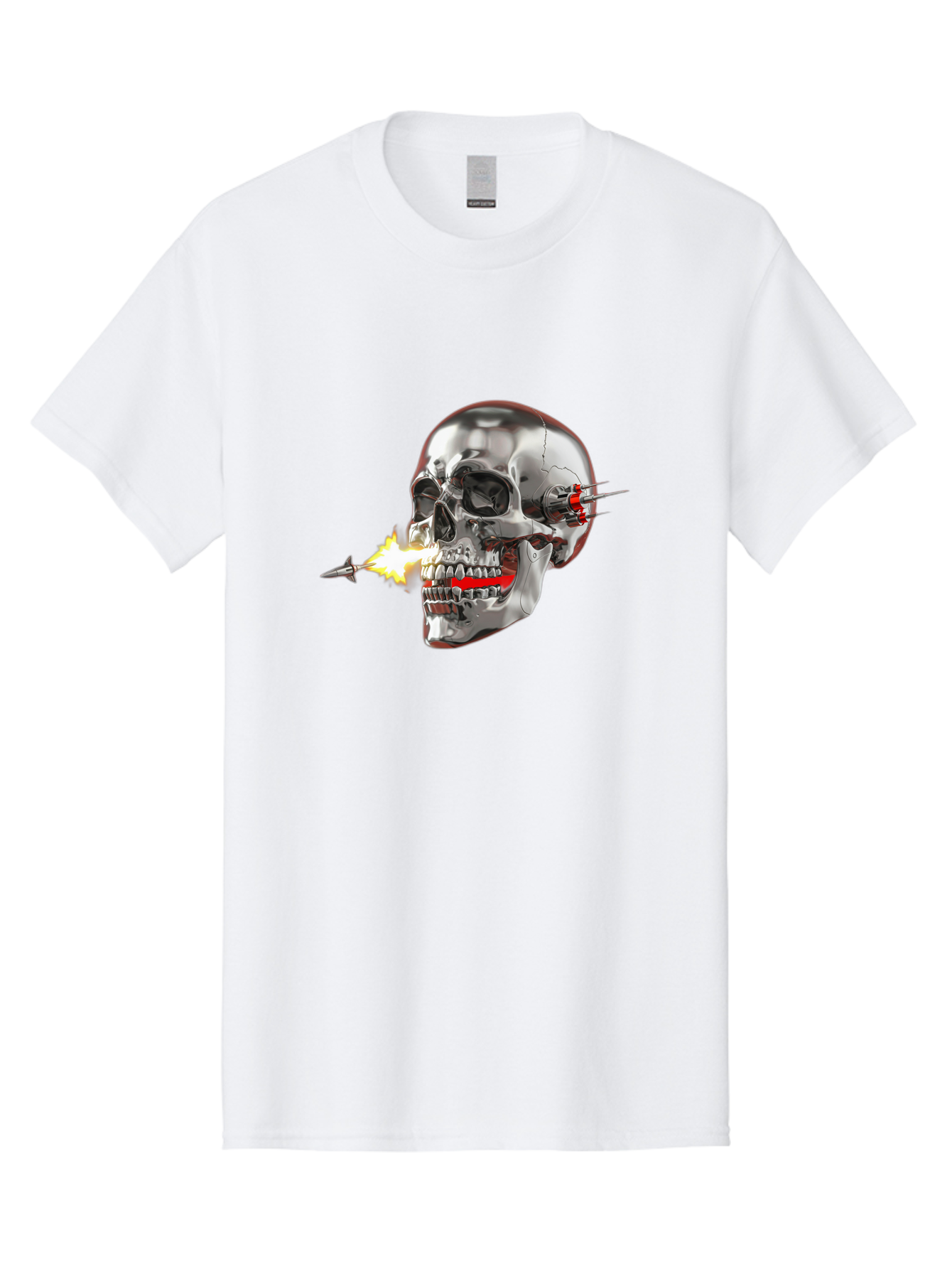 Metal-Skull Men'S Graphic Tee, 100% Cotton, Comfortable Casual Summer Wear, Machine Washable, Metal Skull, Robotic Skull, Futuristic Design, Cybernetic Enhancements, Metallic Finish, Sharp Teeth, Red Accents, Sci-Fi Element, Metal Implants, Bad317