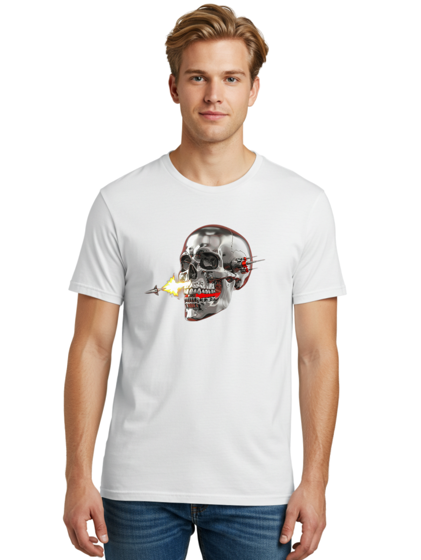 Metal-Skull Men'S Graphic Tee, 100% Cotton, Comfortable Casual Summer Wear, Machine Washable, Metal Skull, Robotic Skull, Futuristic Design, Cybernetic Enhancements, Metallic Finish, Sharp Teeth, Red Accents, Sci-Fi Element, Metal Implants, Bad317